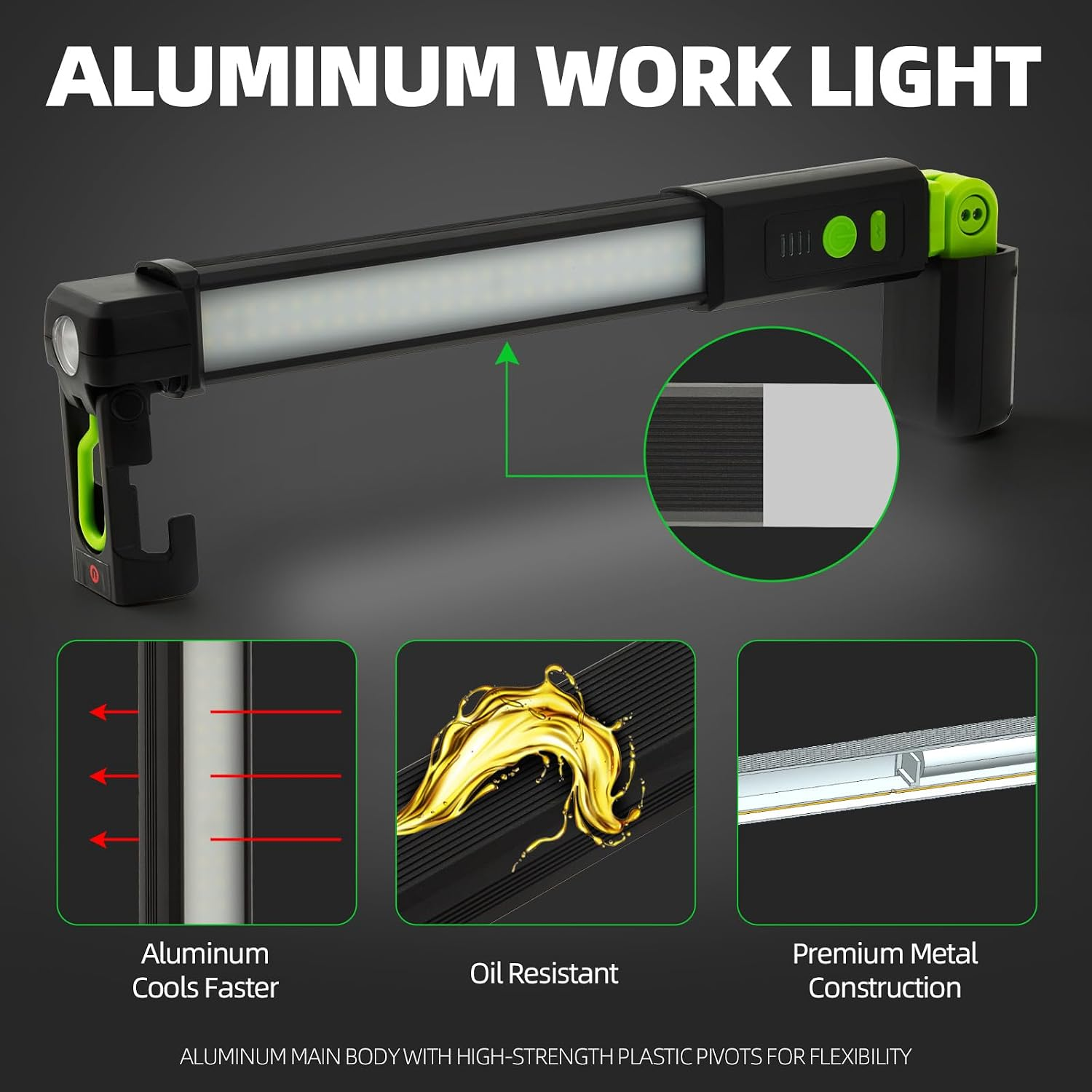 Ein Aluminium-Arbeitslicht mit grünen Akzenten und Details zur Kühlung und Ölbeständigkeit.
