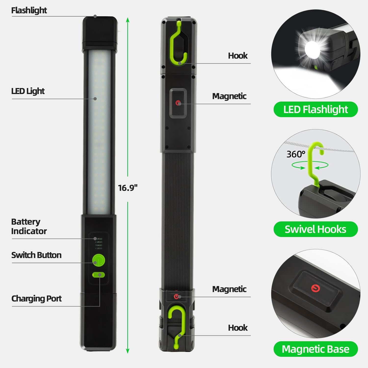 Eine 16,9-Zoll-Taschenlampe mit LED-Licht, Haken, Magnetbasis und Ladeanschluss.