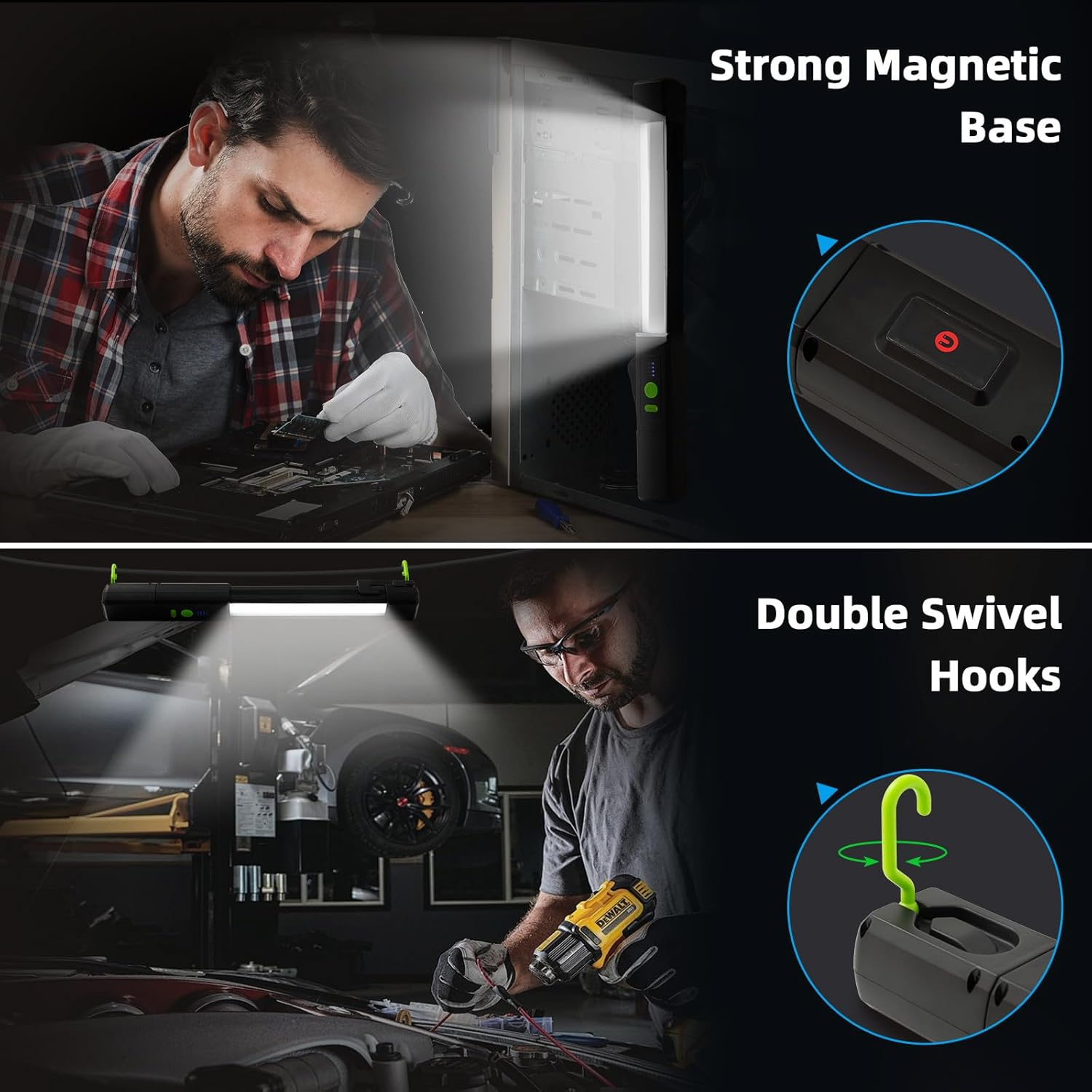 Mann repariert Computer mit Licht. Mechaniker arbeitet unter Auto mit Licht.