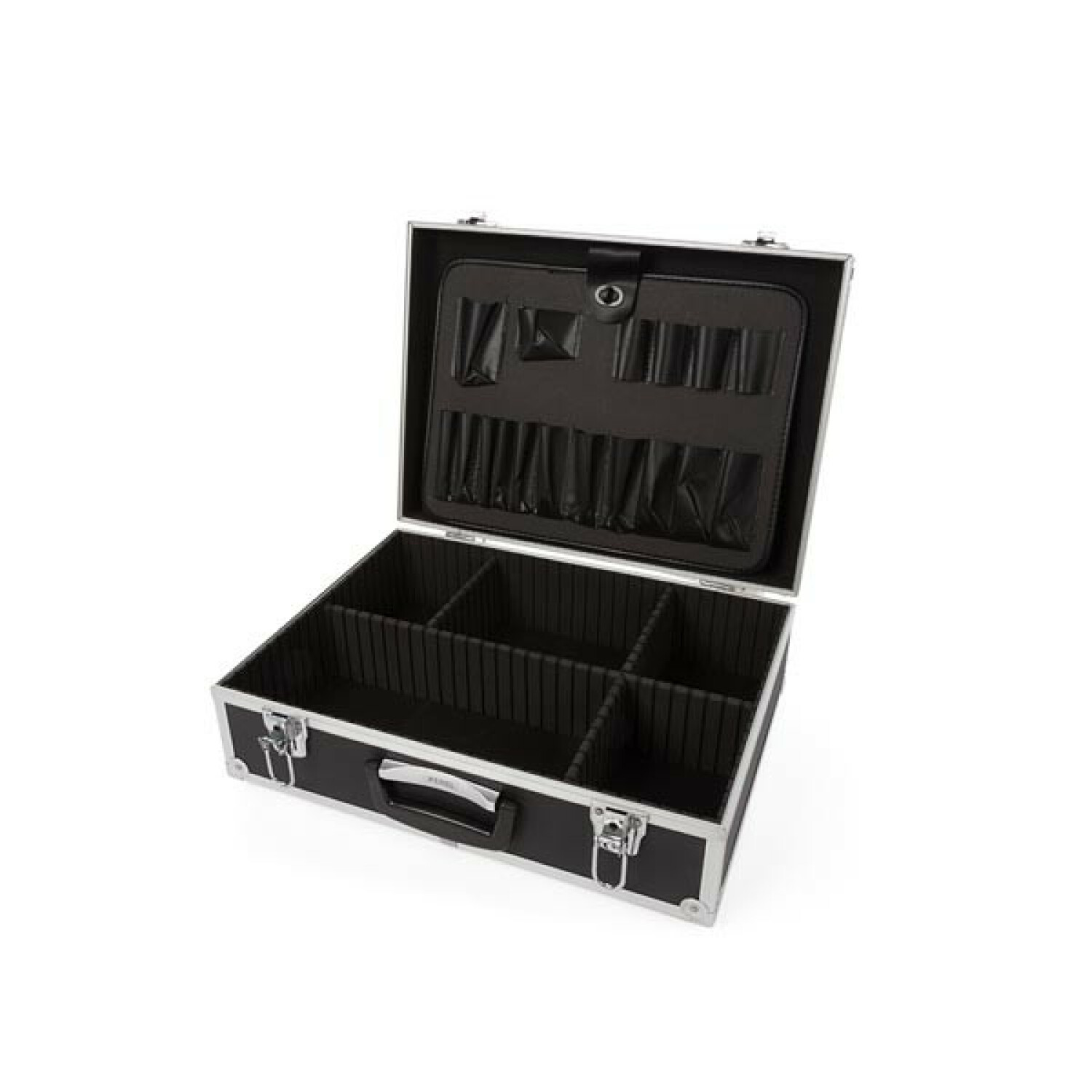 Una trousse per il trucco nera aperta con finiture argentate e scomparti.