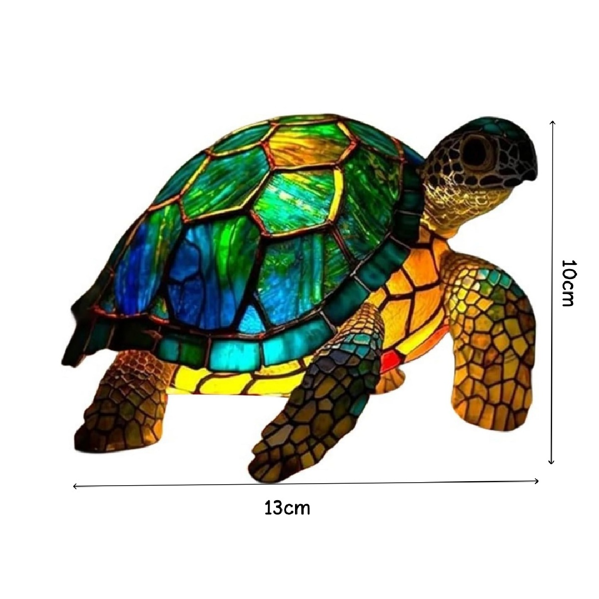 Eine bunte Schildkrötenfigur aus Glas, 13 cm lang und 10 cm hoch.