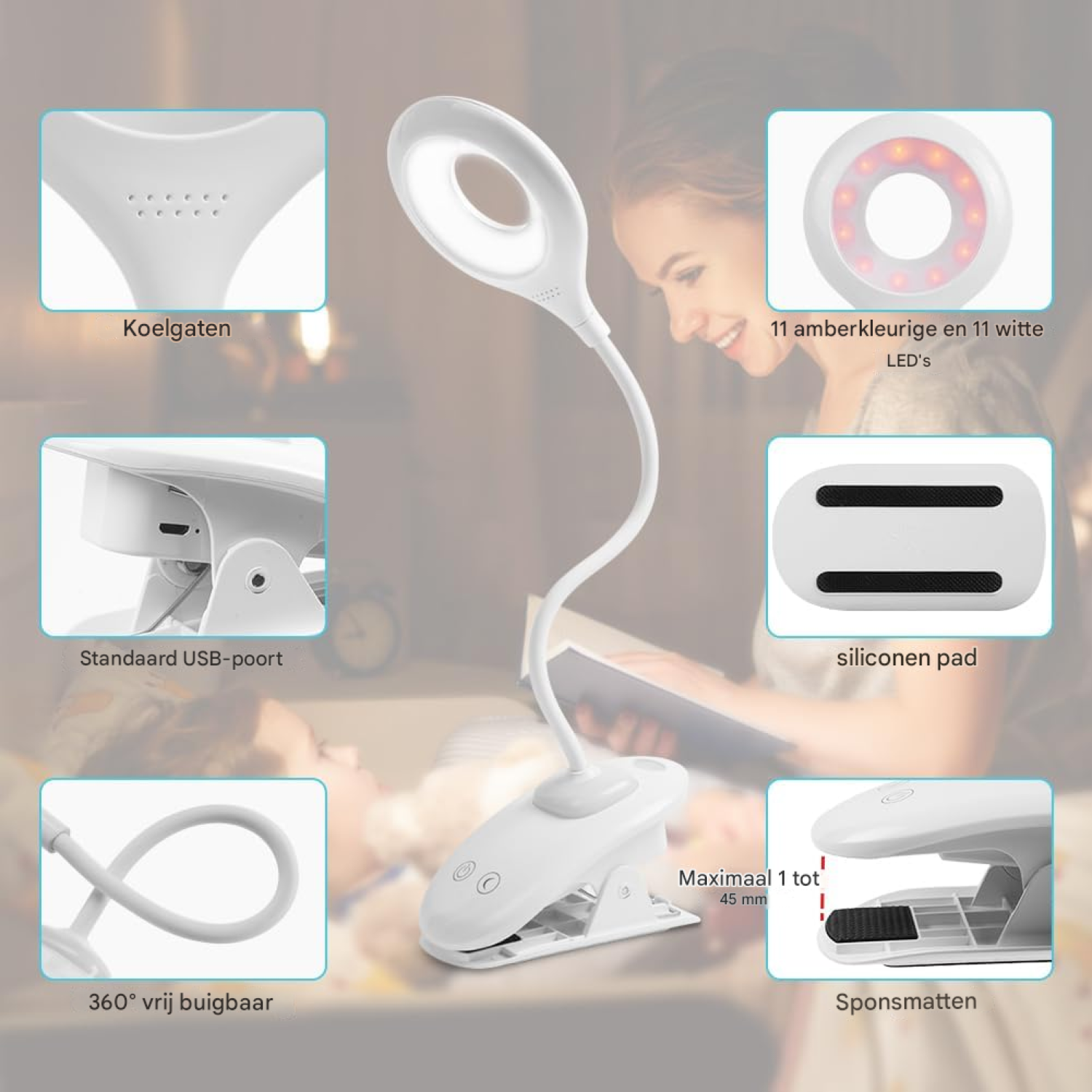 Ein weißes LED-Klemmlicht mit flexiblen Schwanenhals, USB-Anschluss und Kühlöffnungen.