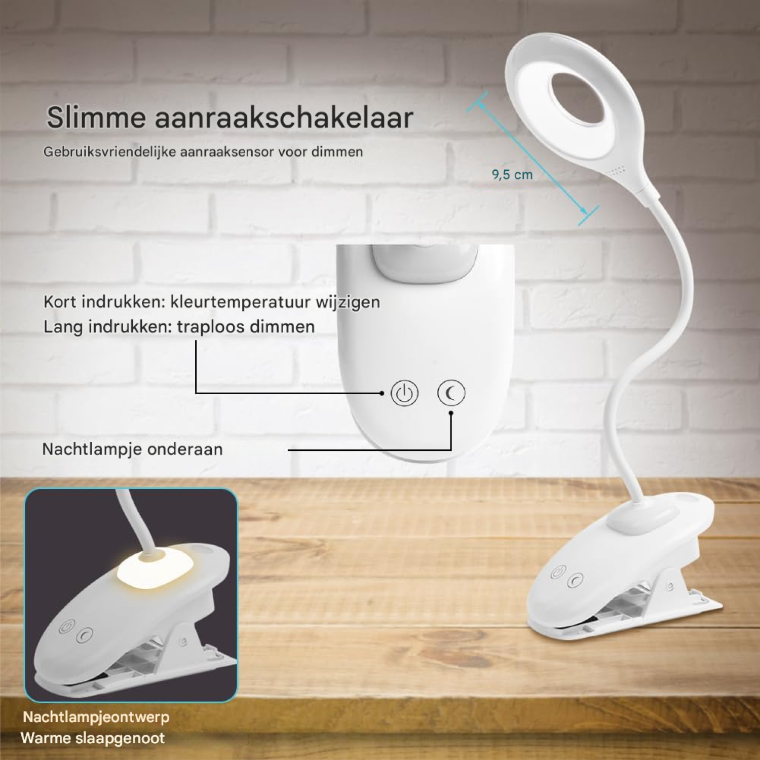 Eine weiße Klemm-LED-Lampe mit dimmbarer Helligkeit und Touch-Bedienung.
