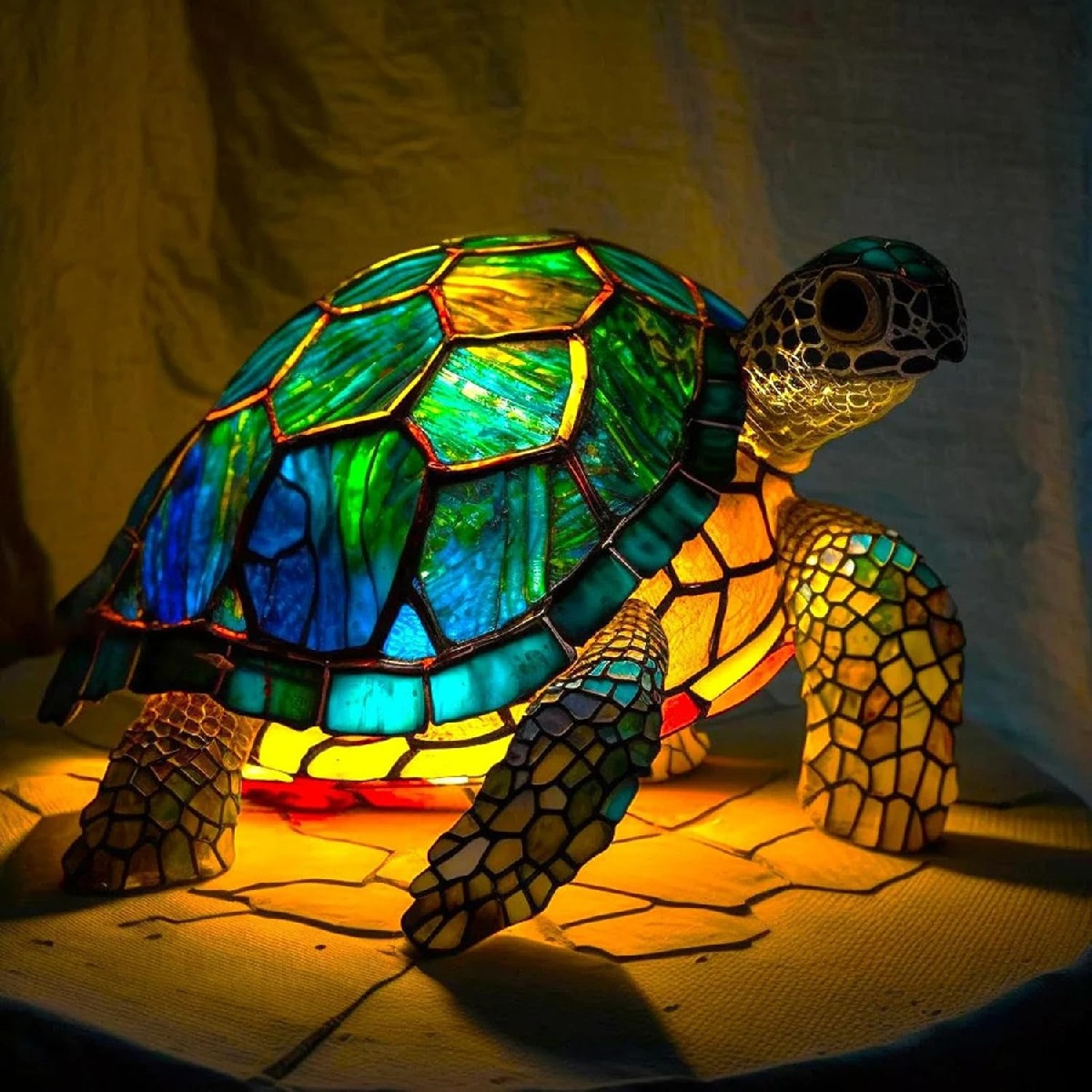Eine Schildkrötenlampe aus Buntglas mit blauen, grünen und gelben Paneelen ist von innen beleuchtet.