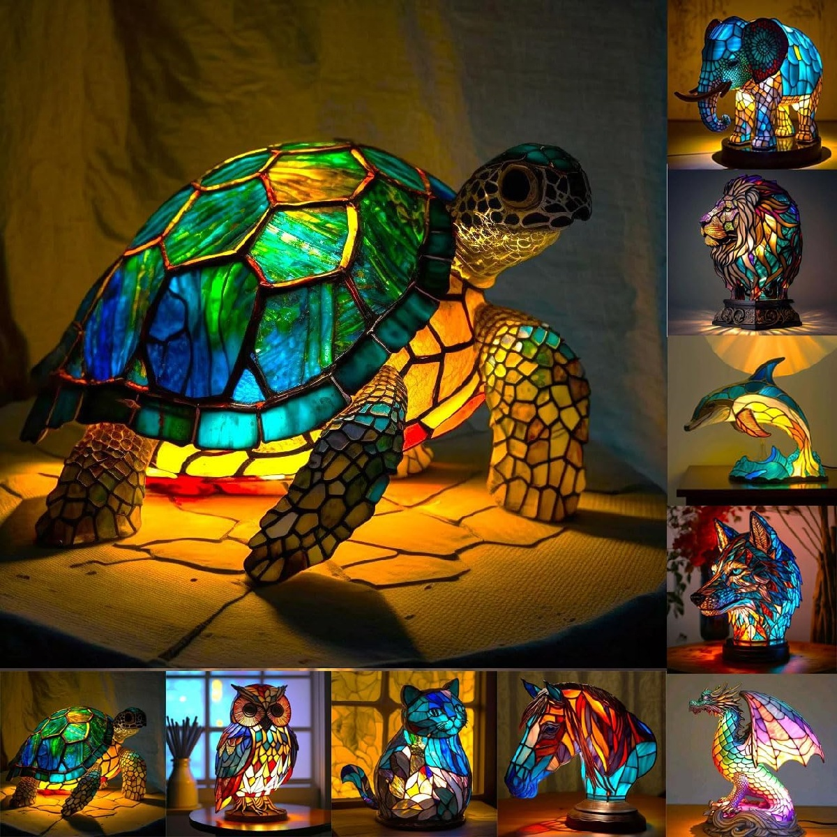 Bunte Tiffany-Lampen in Tierform: Schildkröte, Elefant, Löwe, Delfin, Wolf, Katze, Pferd, Drache.