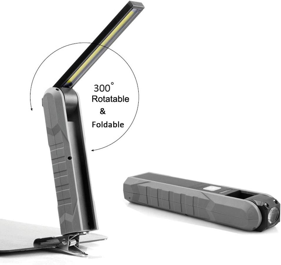 Grauer, faltbarer Arbeitsstrahler mit 300° drehbarem Kopf und einer Taschenlampe.