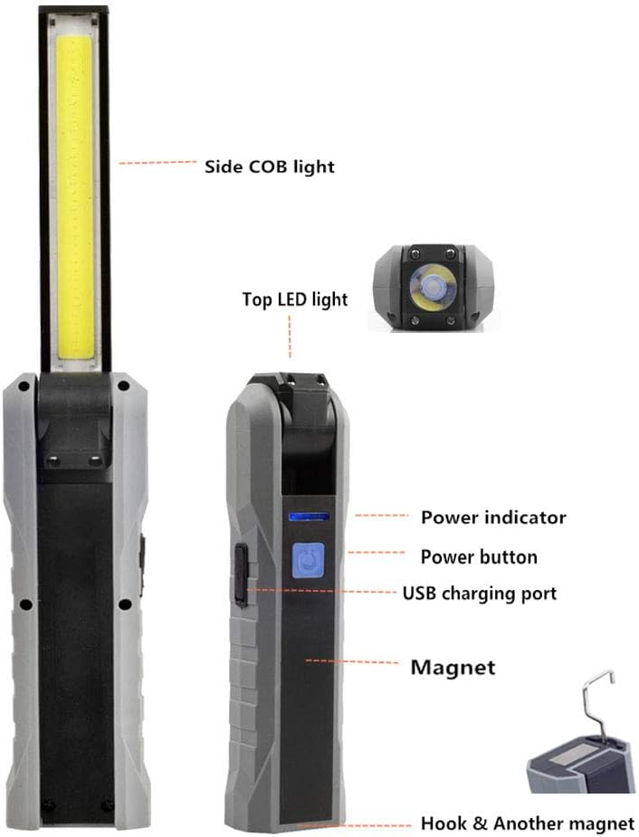 Einklappbare Arbeitsleuchte mit seitlichem COB und oberem LED. Mit Power-Taste, USB-Anschluss, Magnet und Haken.