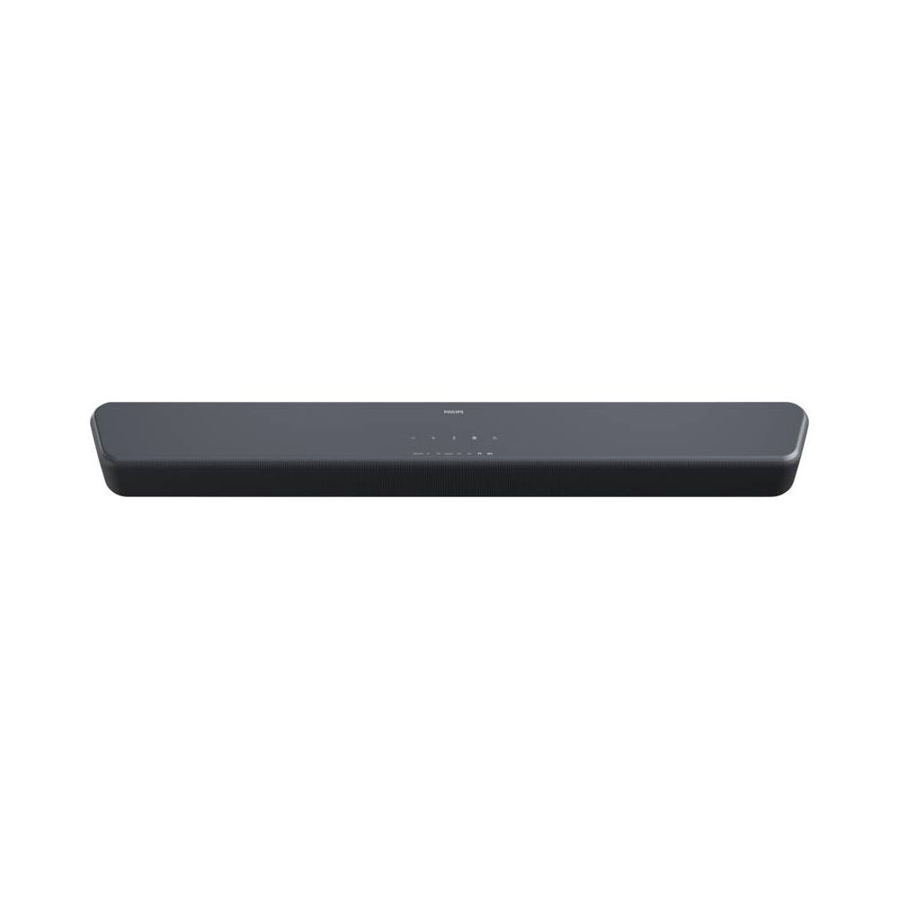 Grauer Philips Soundbar-Lautsprecher mit Bedienknöpfen und Lüftungsschlitzen.