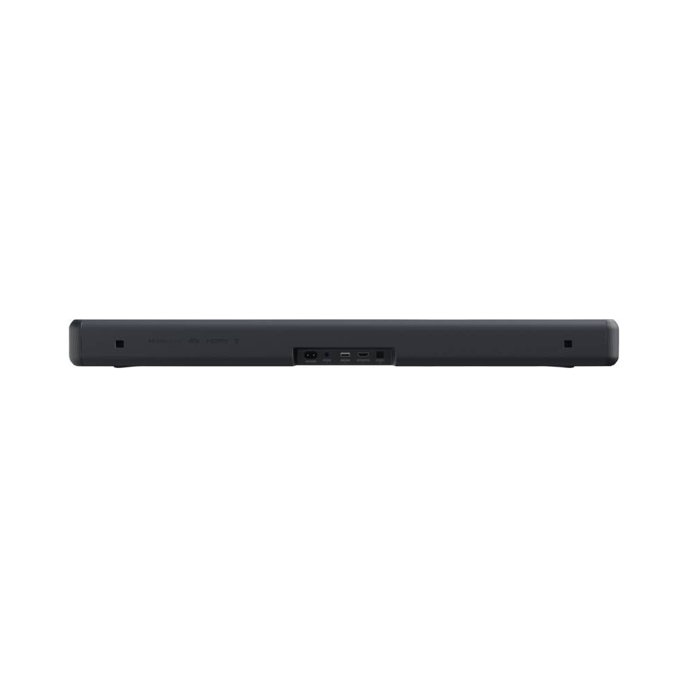 Schwarzer Soundbar mit Anschlüssen auf der Rückseite.