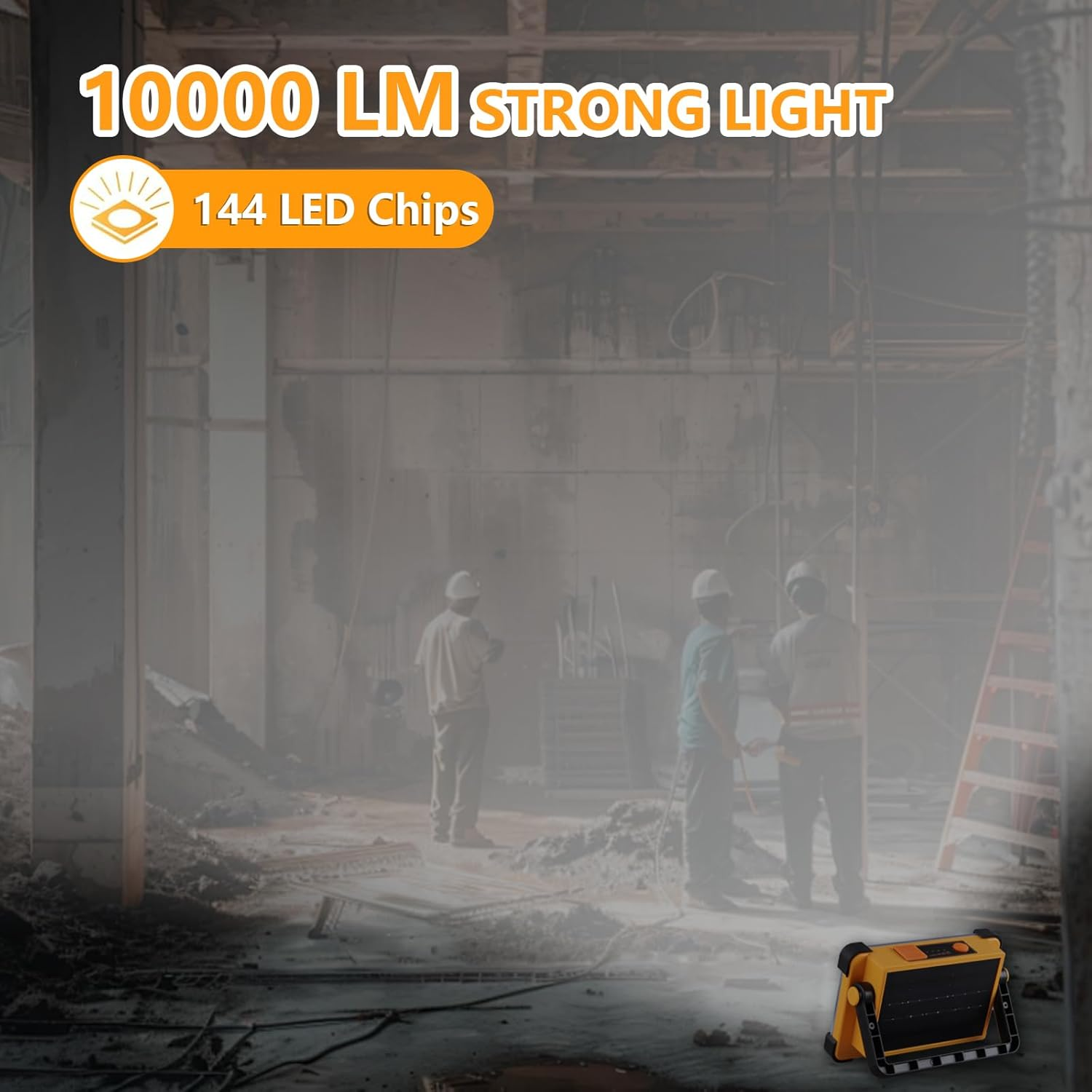 Baustelle mit Arbeitern und einer hellgelben Arbeitsleuchte mit 10000 LM und 144 LED-Chips.