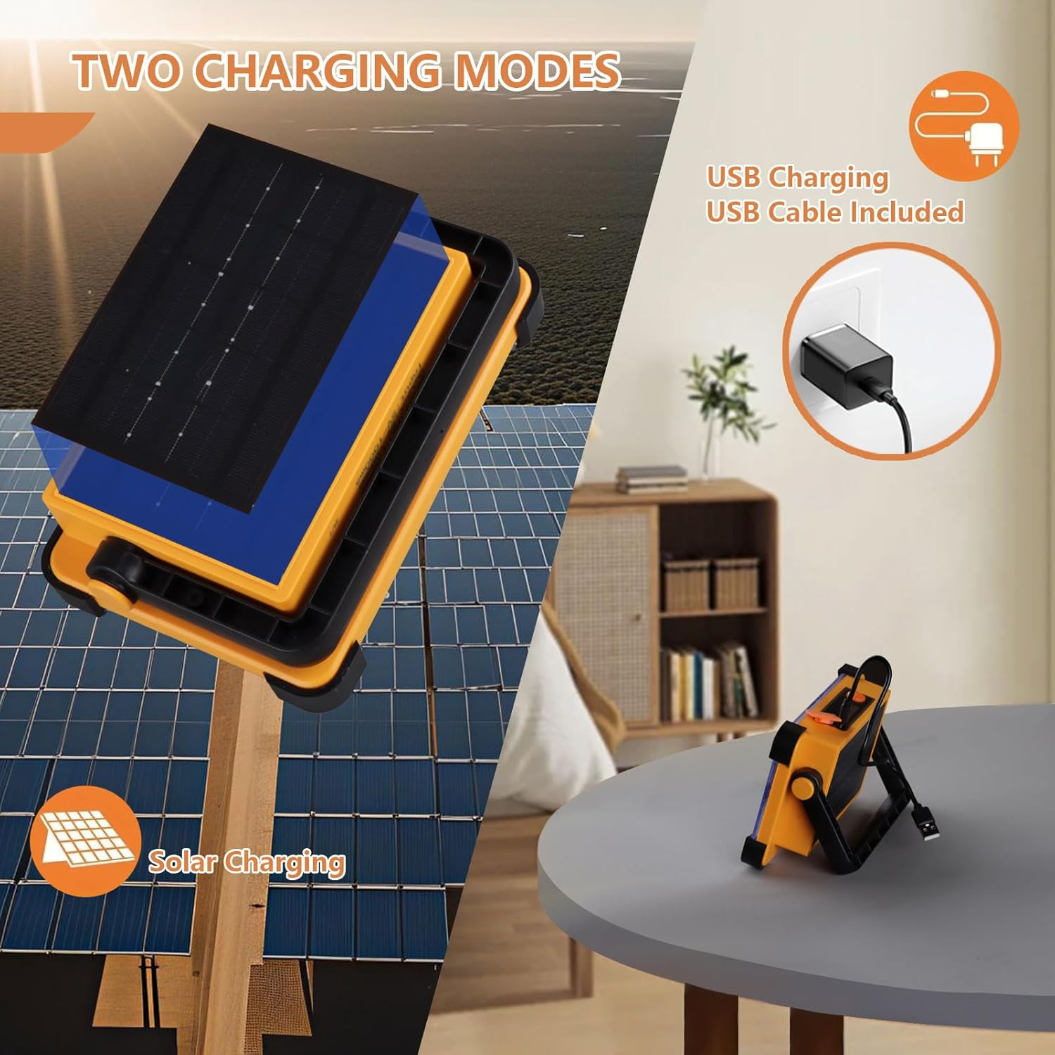 Gelbes und blaues Gerät mit Solarpanel und USB-Ladeoptionen.
