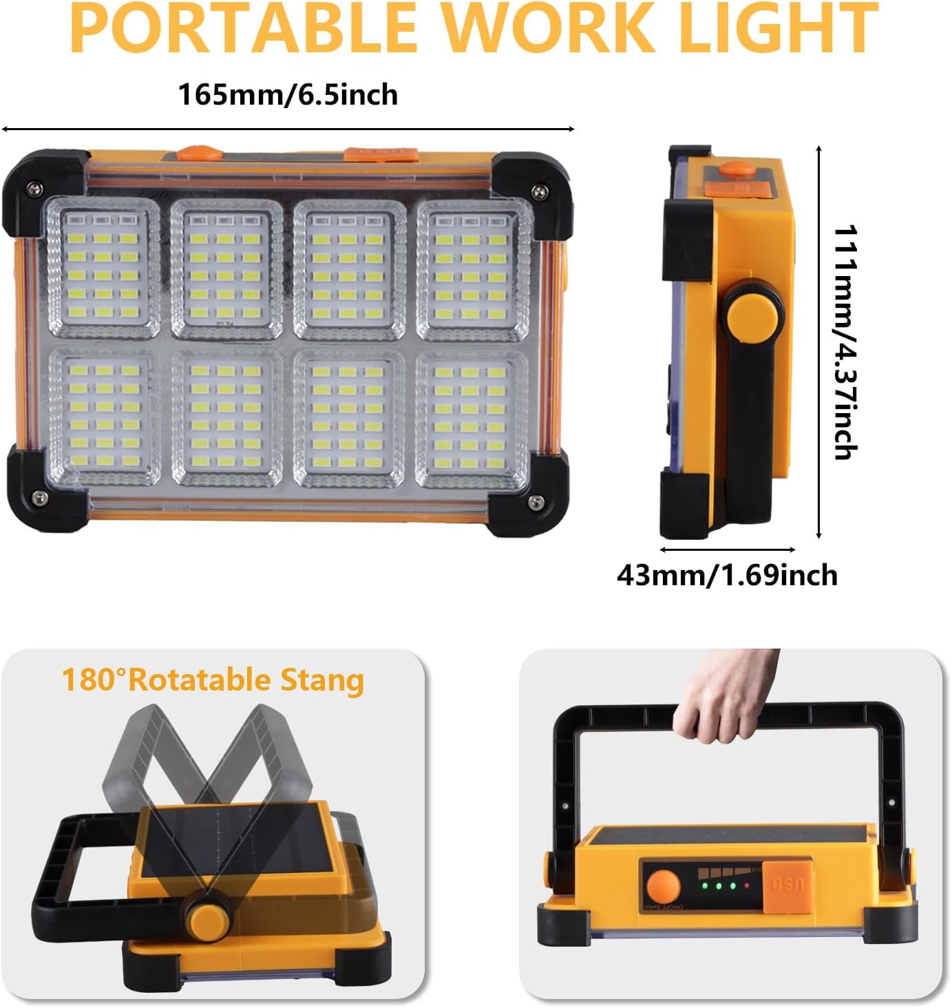 Tragbares Arbeitslicht mit acht LED-Panels, Maße und drehbarem Standfuß.