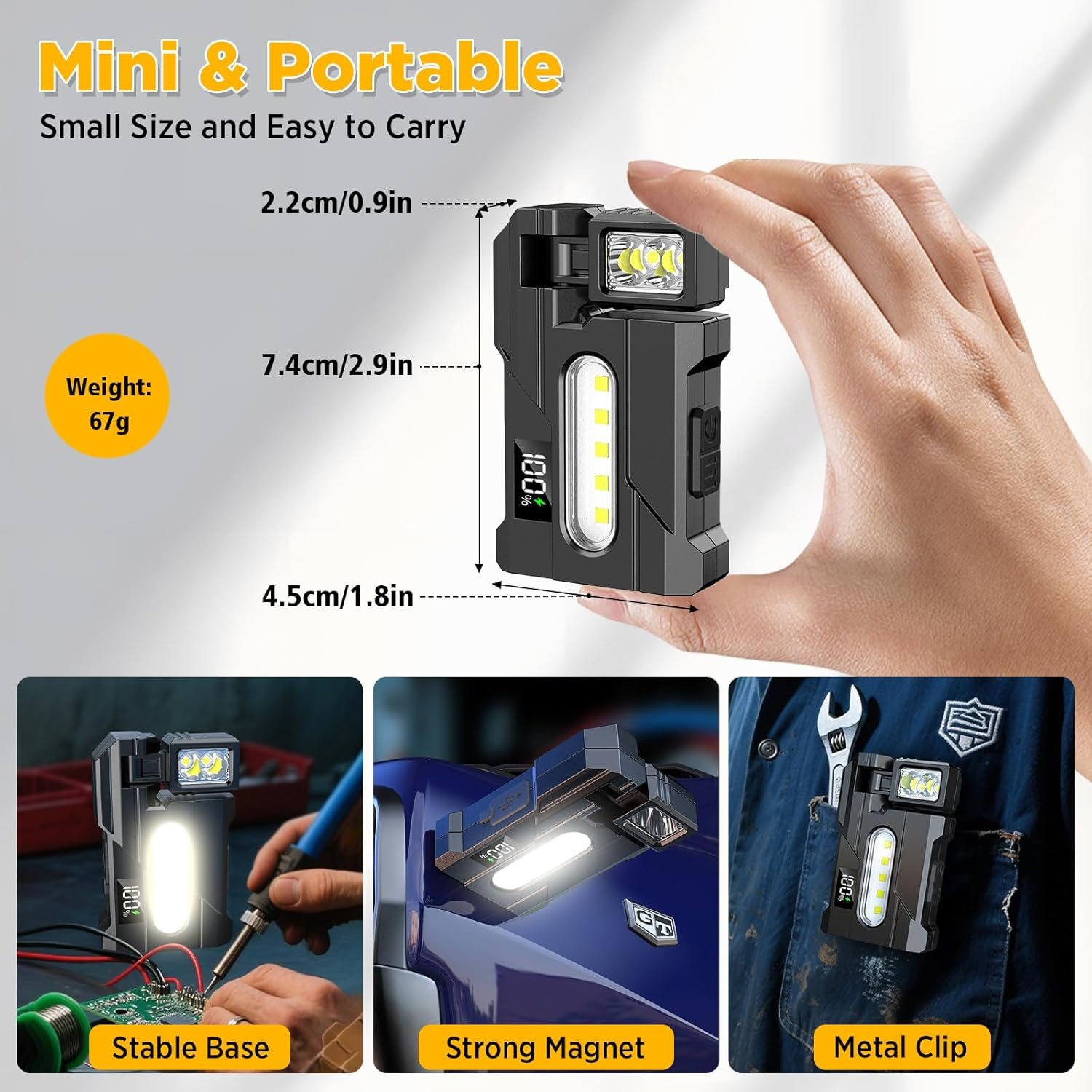 Schwarzes tragbares Licht mit LED-Anzeige, gezeigt in Hand, auf Leiterplatte, Auto und Hemdtasche.