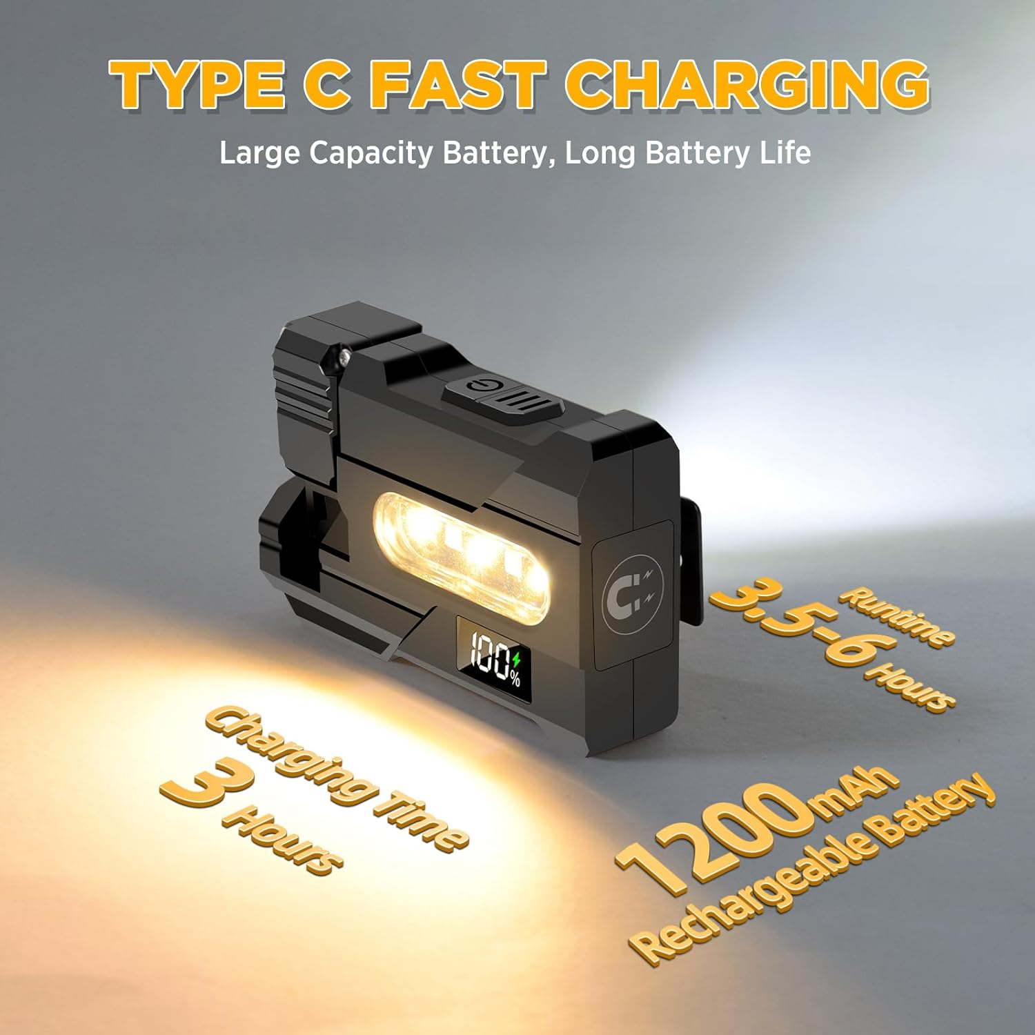 Schwarze Taschenlampe mit Typ-C-Schnellladung, 1200 mAh, 3 Std. Ladezeit, 3,5-6 Std. Laufzeit.