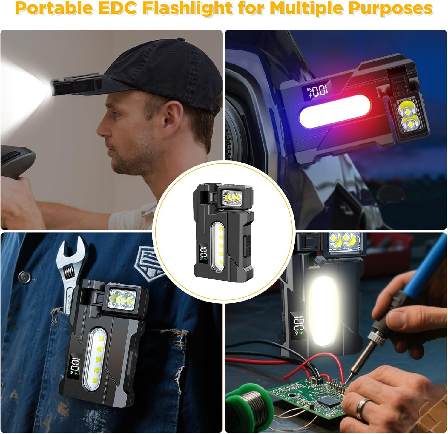 Collage zeigt eine tragbare EDC-Taschenlampe in mehreren Szenarien: auf einer Kappe, am Auto, in der Tasche und zum Löten.