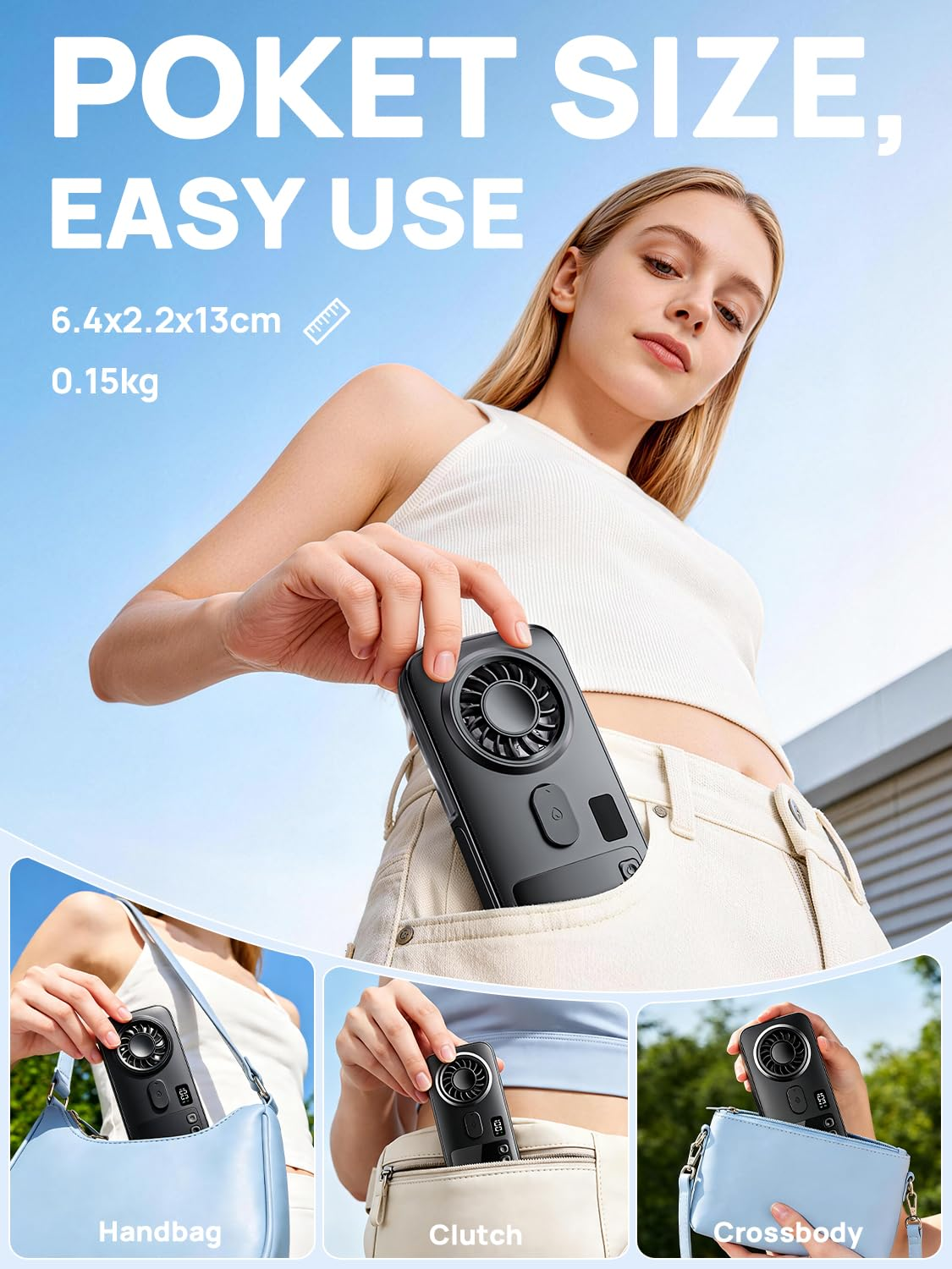 Handy-Lüfter in der Hosentasche, Handtasche, Clutch und Umhängetasche.