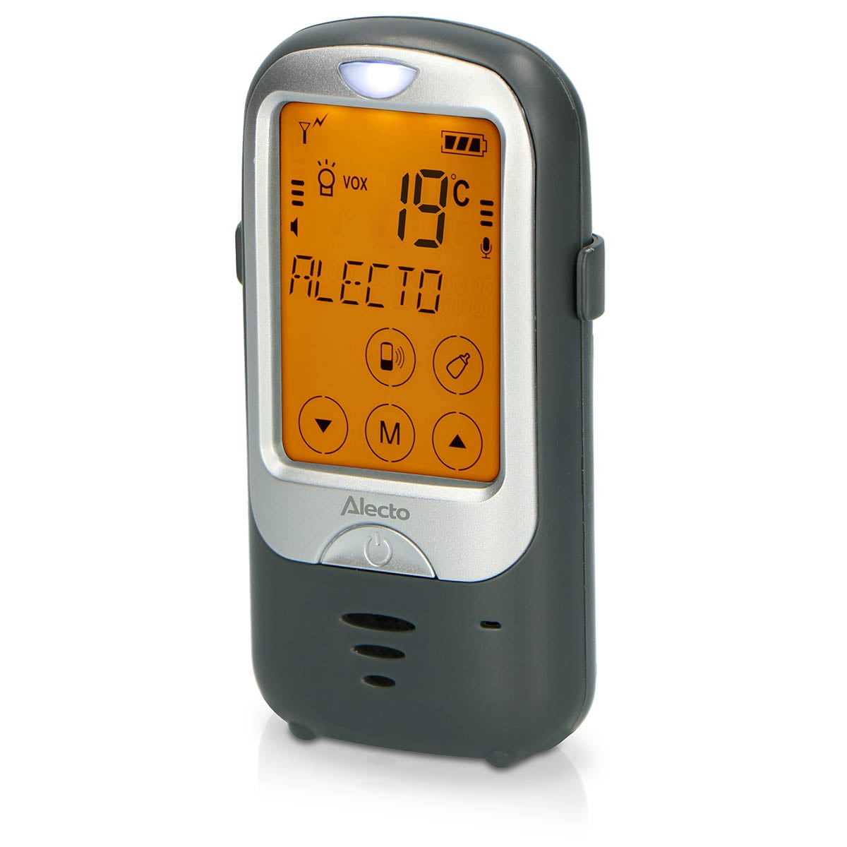 Ein graues Babyphone mit orangefarbenem Bildschirm, der 19 Grad anzeigt.