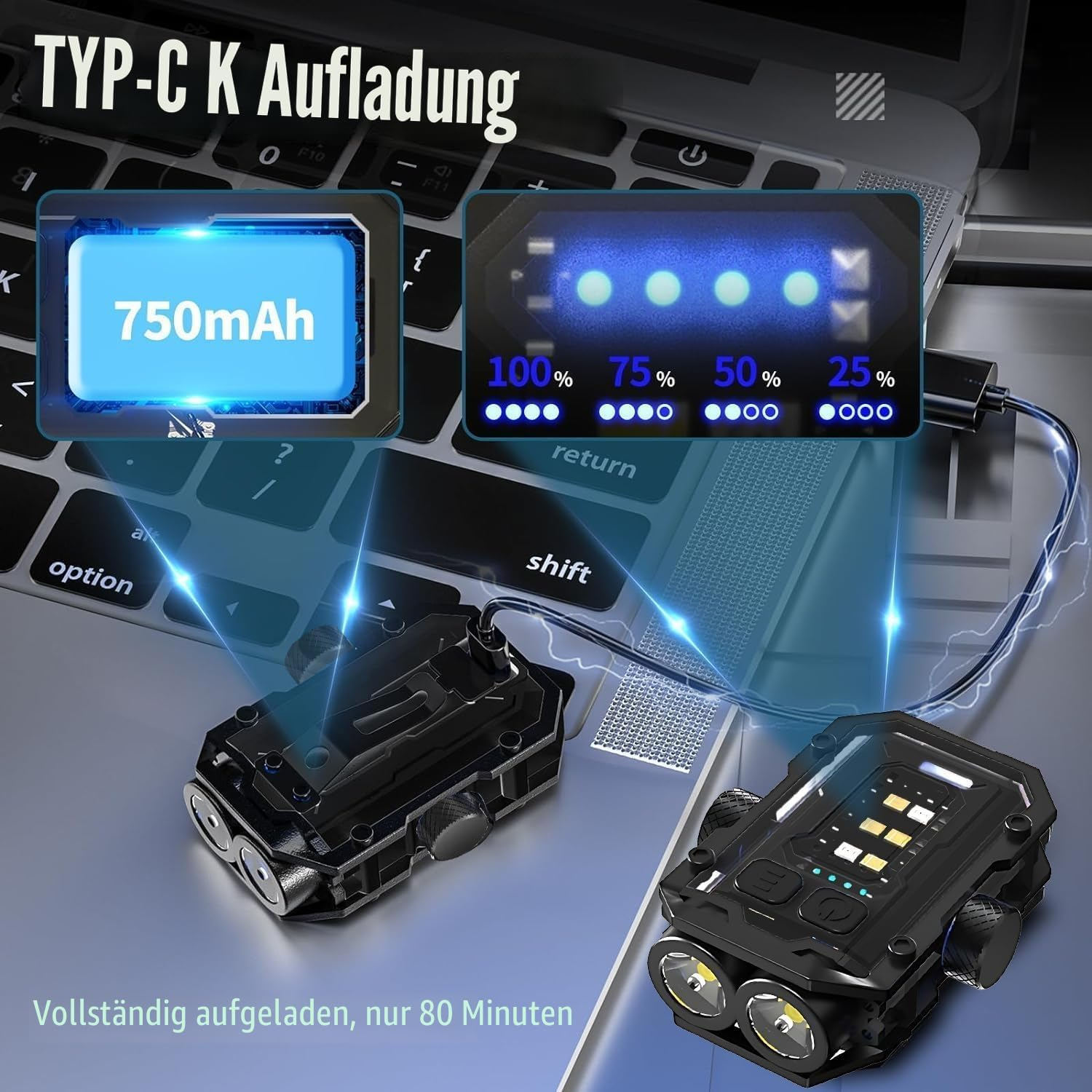 Zwei schwarze Geräte laden auf einer Laptop-Tastatur, zeigen 750mAh und Akkustände.
