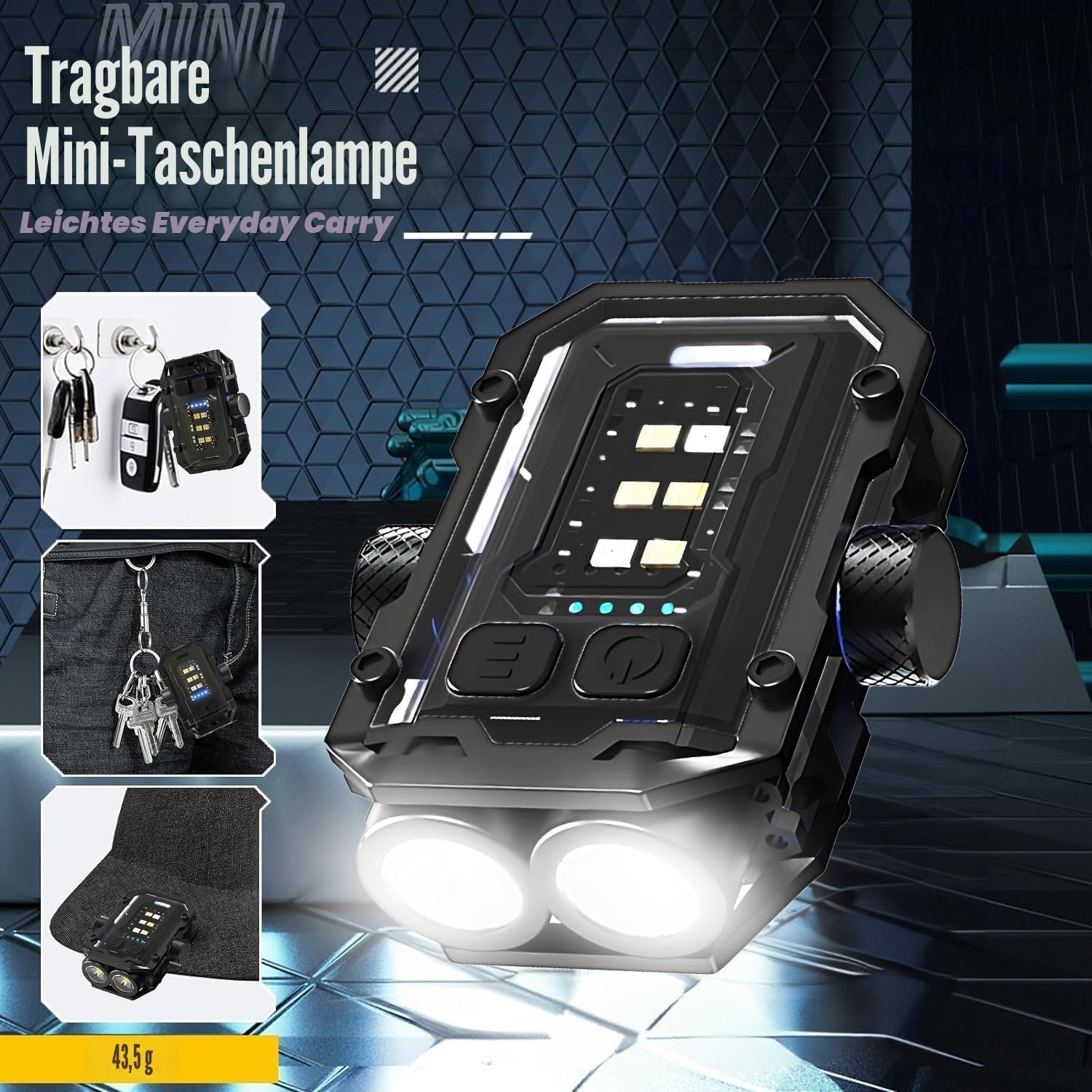 Schwarze Mini-Taschenlampe mit zwei Lichtern, an Schlüsselbund und Mütze befestigt.