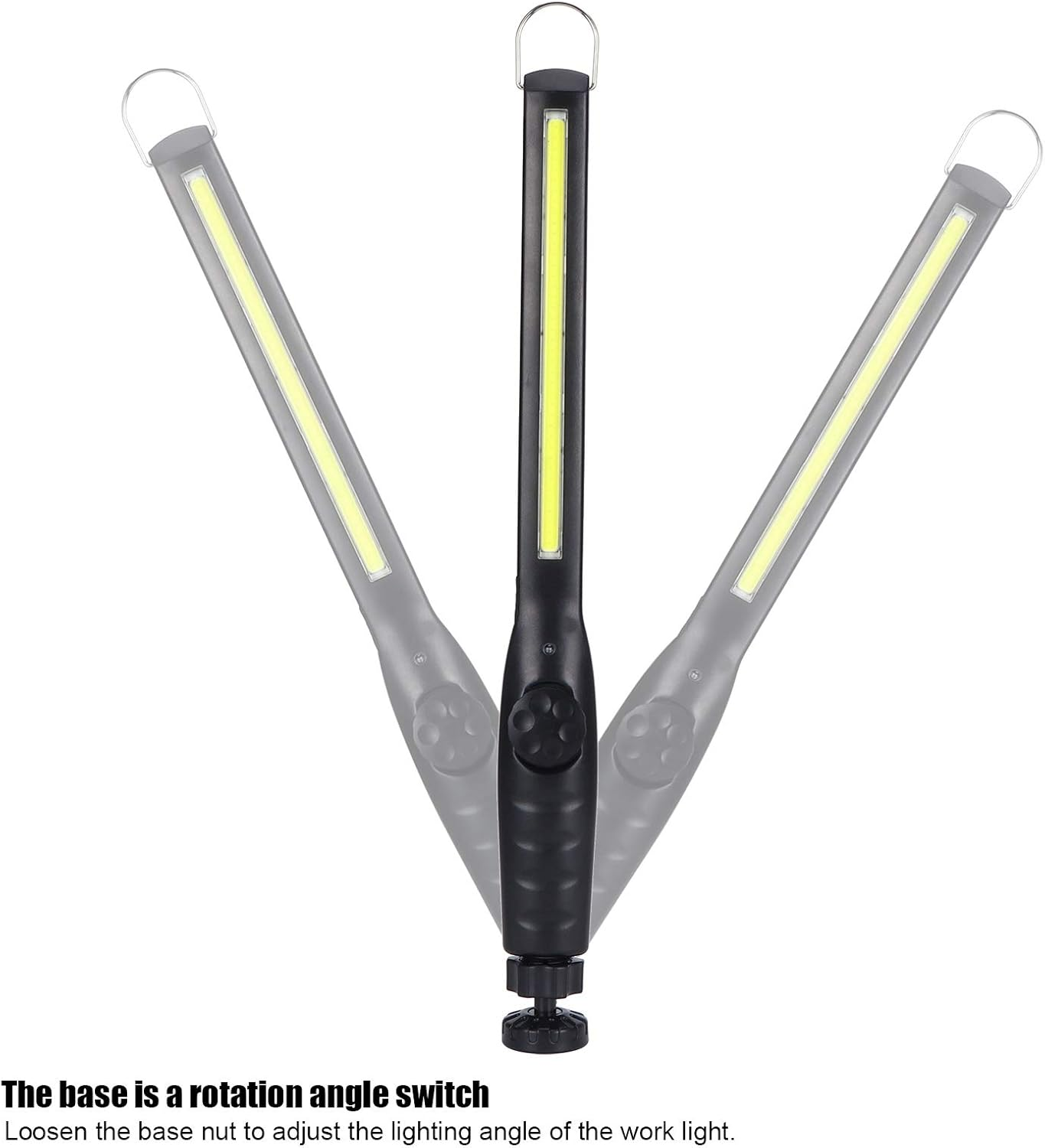 Eine schwarze Arbeitsleuchte mit gelbem LED-Streifen, in drei Positionen.