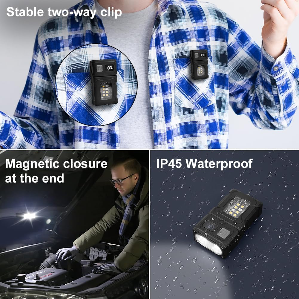 Eine Clip-On-Leuchte am blau karierten Hemd, Mann repariert Auto, wasserdichtes Licht.