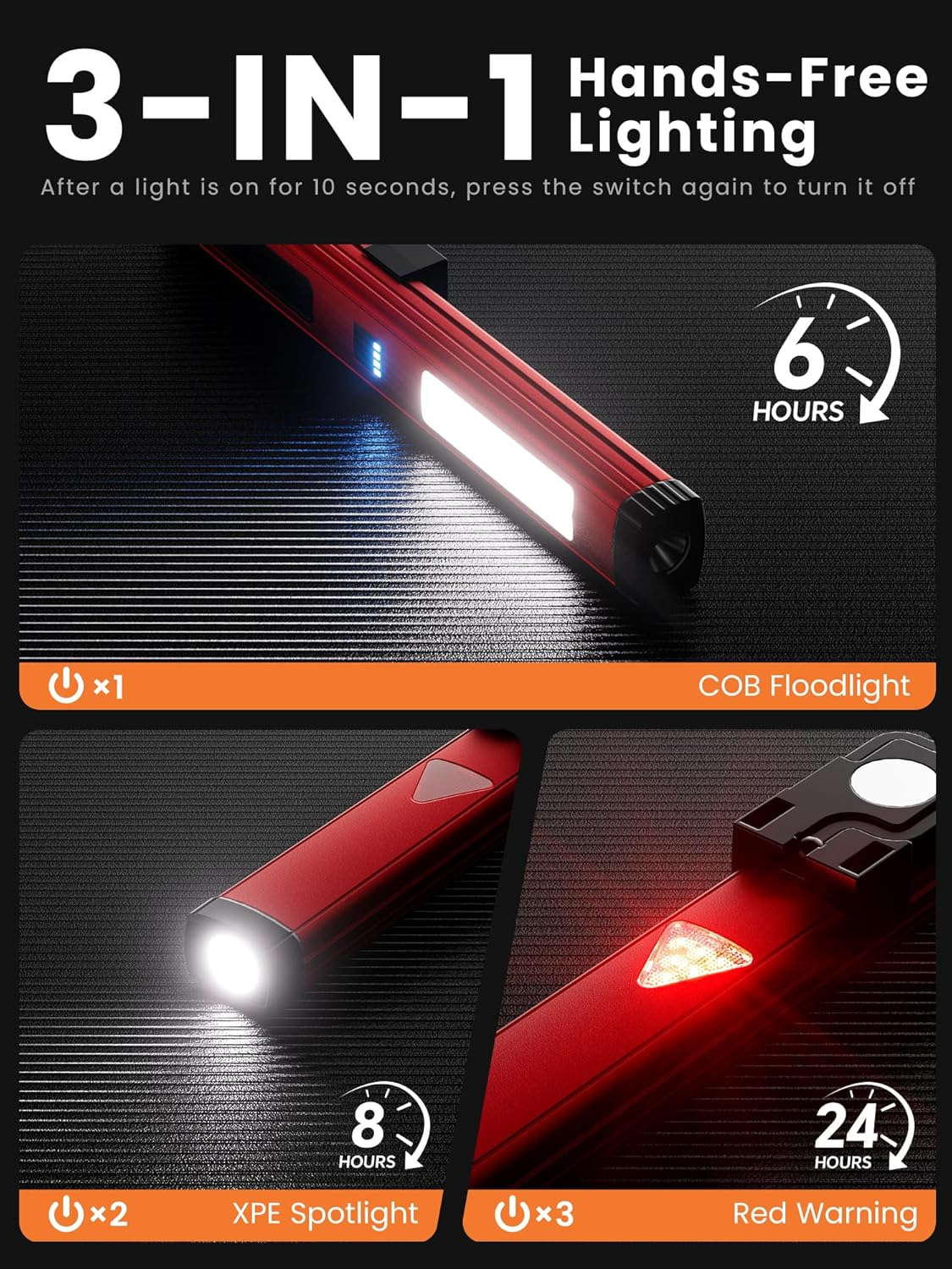 Ein rotes 3-in-1-Licht mit COB-Flutlicht, XPE-Spotlicht und rotem Warnlicht.