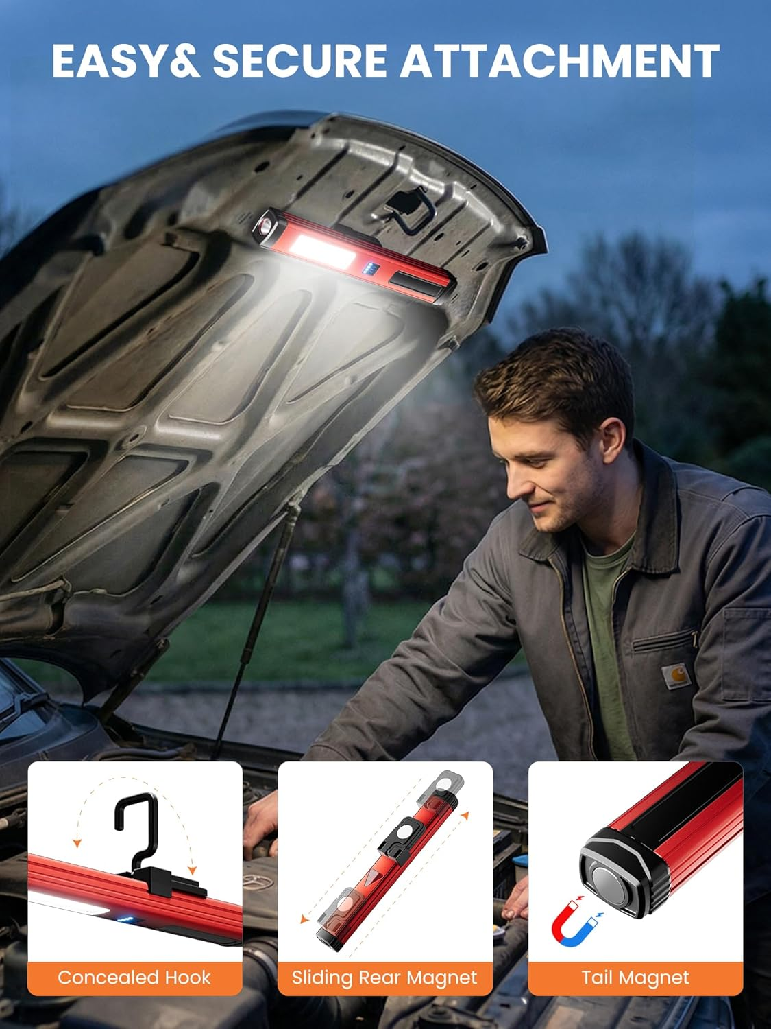 Mann repariert Auto mit beleuchteter Magnet-Arbeitsleuchte an der Motorhaube.