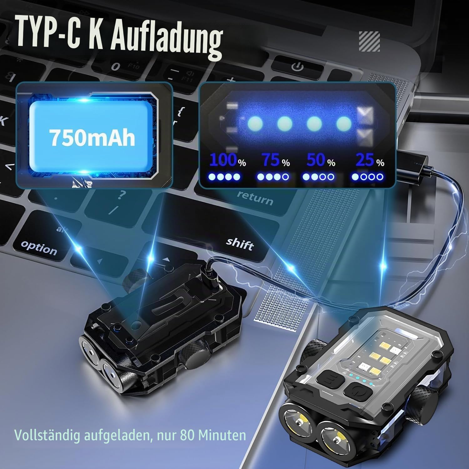 Ein Typ-C-Ladegerät mit 750mAh Kapazität und Ladeanzeige auf einer Tastatur.