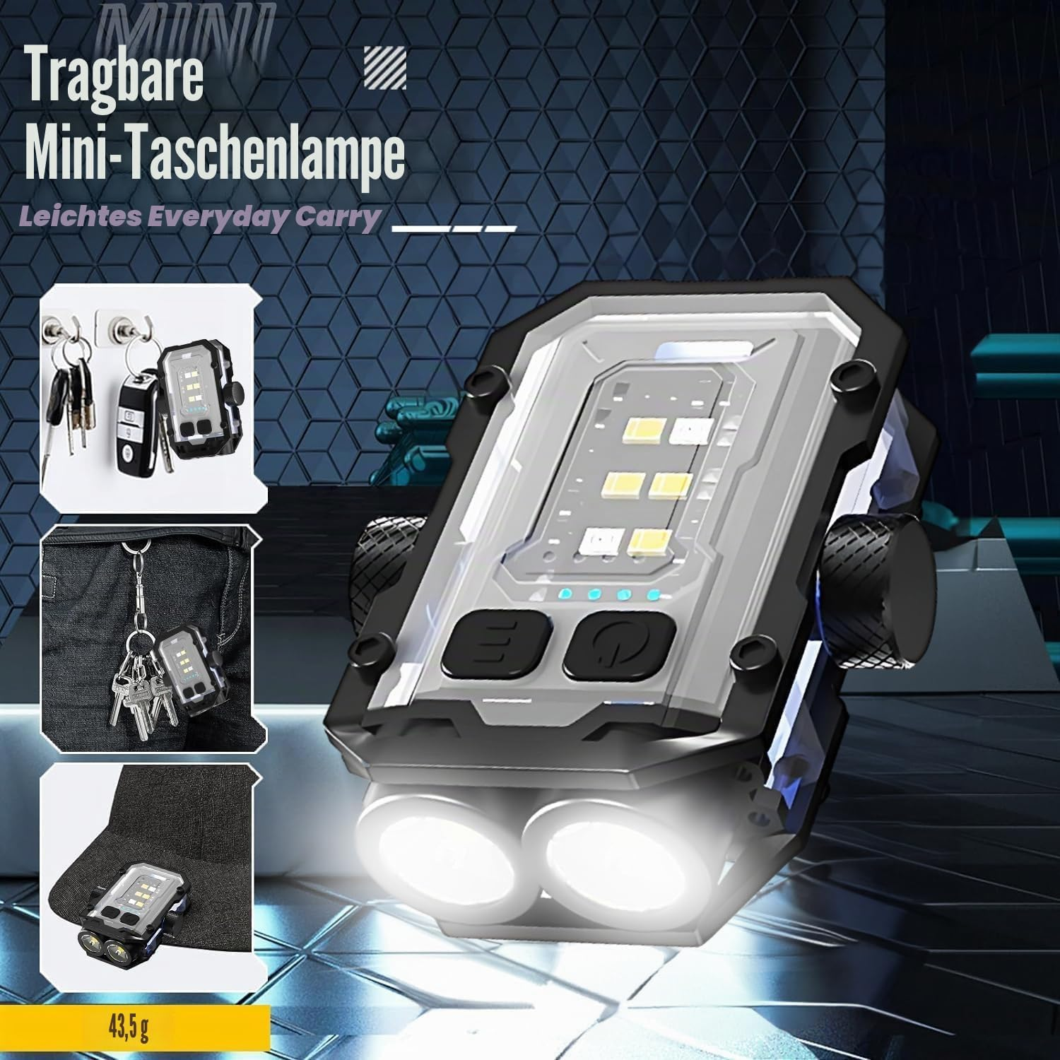 Tragbare Mini-Taschenlampe mit zwei Lichtern, Schlüsselbund und Kappe.