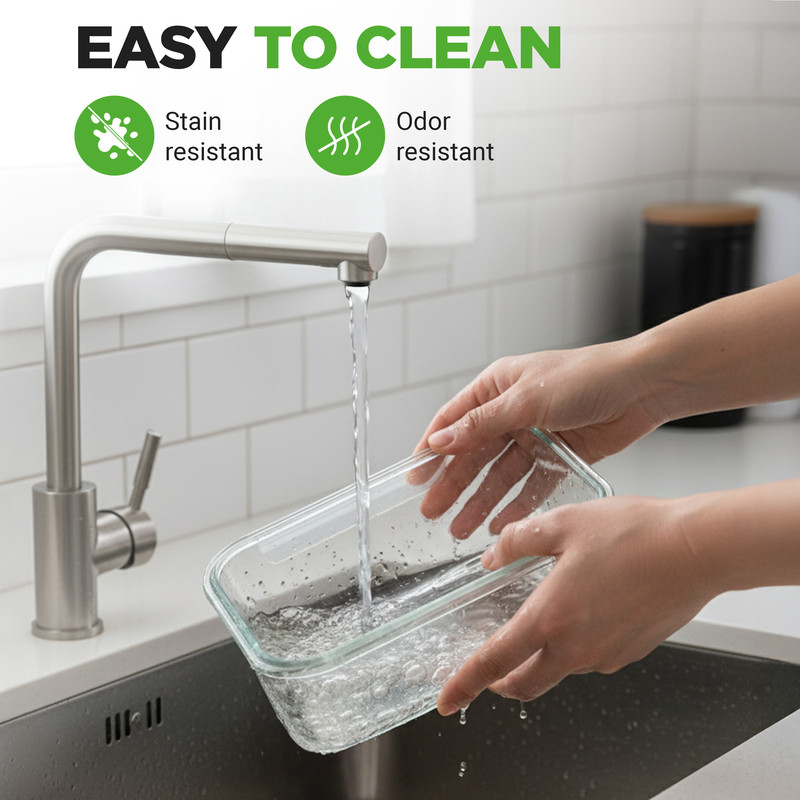 Hände spülen einen Glasbehälter unter einem Wasserhahn. Text: Leicht zu reinigen.