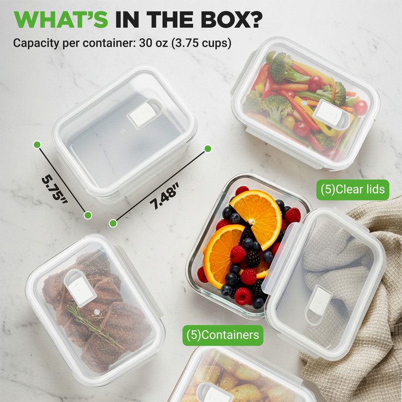 Fünf Glasbehälter mit Lebensmitteln: Gemüse, Beeren, Fleisch und Kartoffeln.