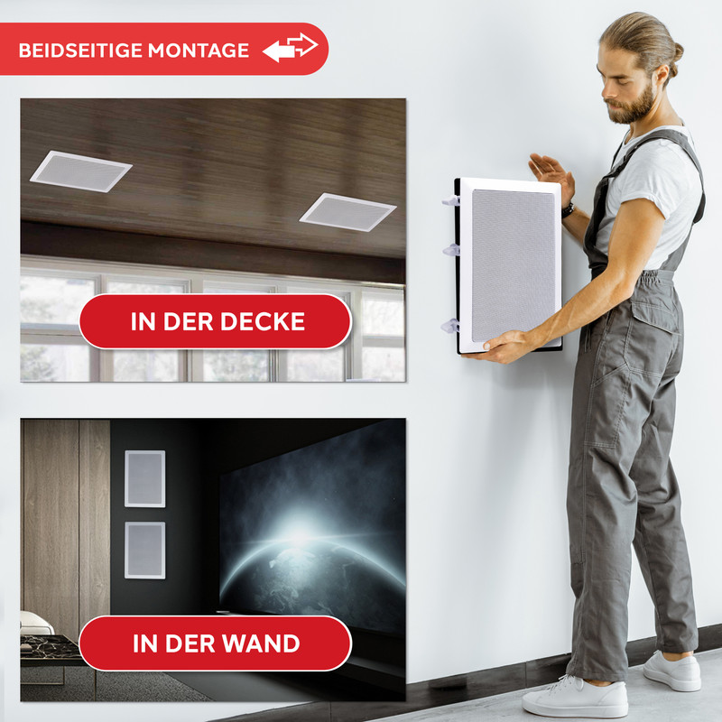 Mann montiert Lautsprecher an Wand; Decken- und Wandmontage gezeigt.