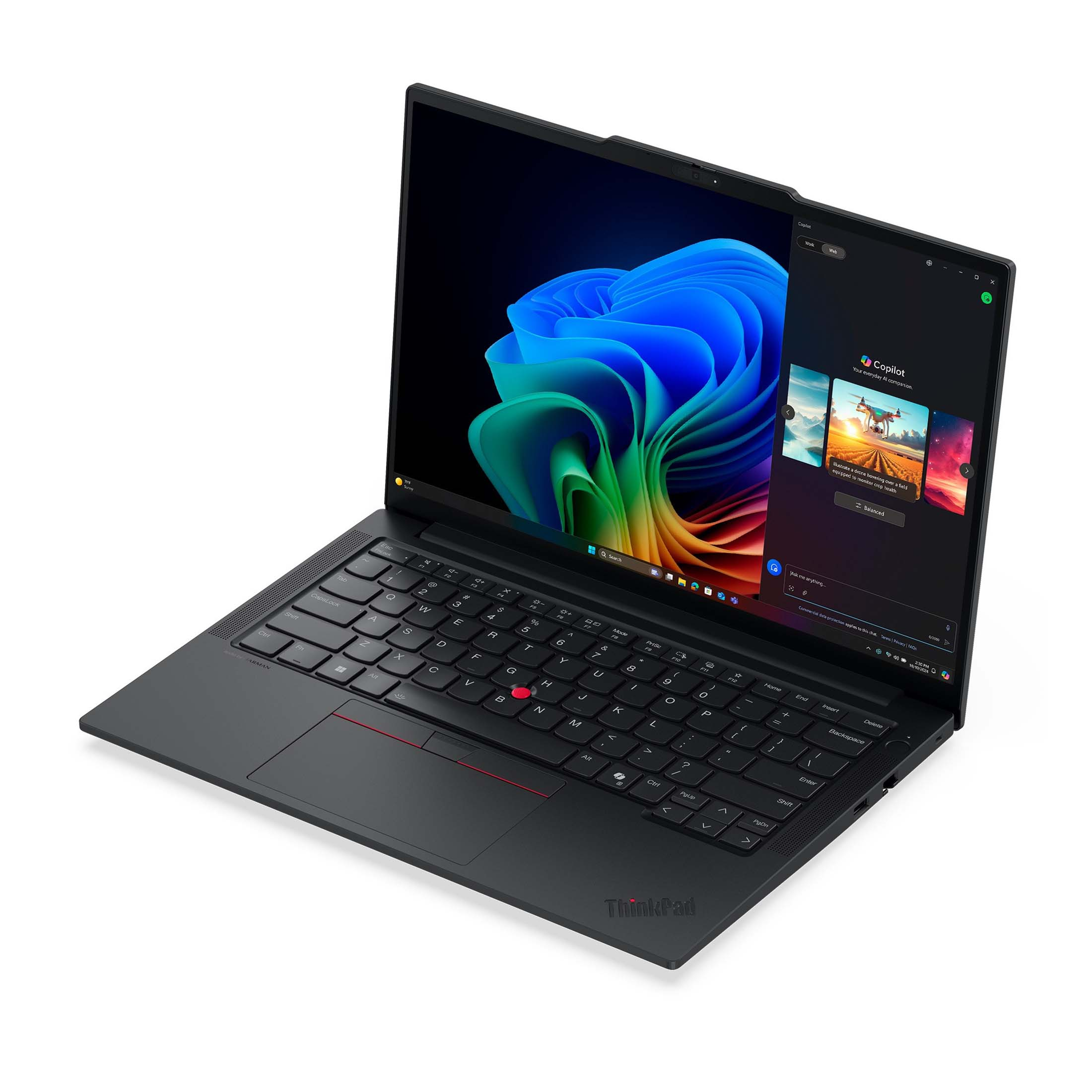 Ein schwarzer Laptop mit beleuchteter Tastatur und buntem Hintergrundbild auf dem Bildschirm.