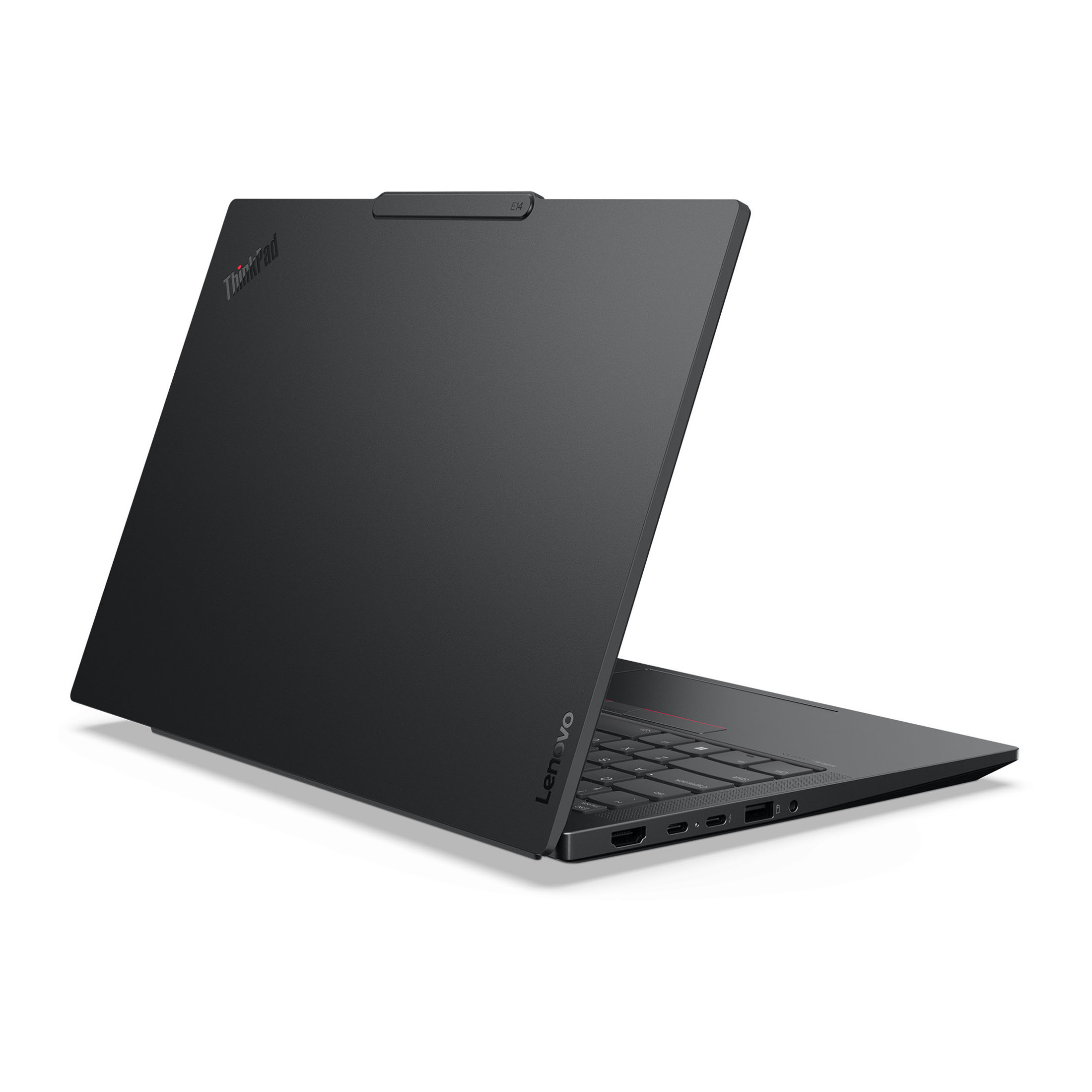 Ein schwarzer Lenovo ThinkPad E14 Laptop ist geöffnet, zeigt Tastatur und Anschlüsse. Weißer Hintergrund.