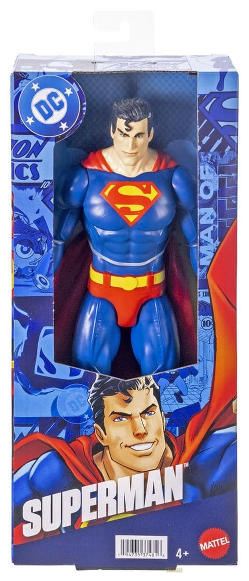 Figura de juguete de Superman en caja azul con logo DC y gráficos de cómic.