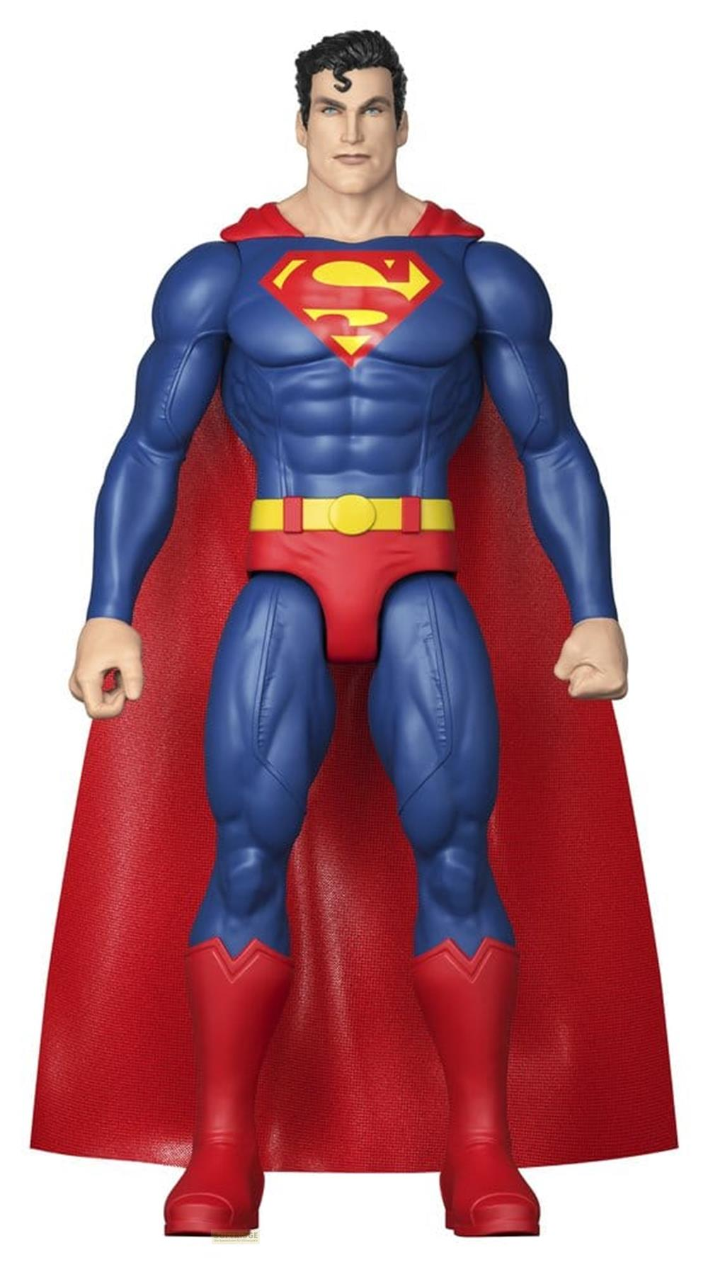 Figura de acción de Superman con traje azul, capa roja y botas.