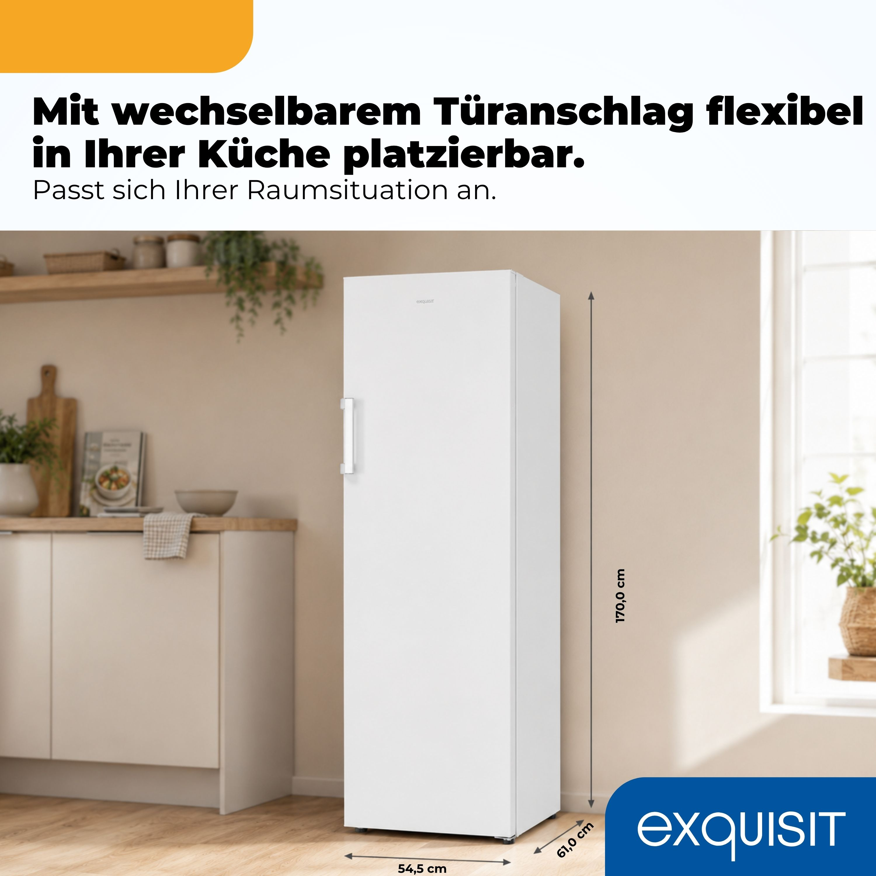 Ein weißer Kühlschrank in einer Küche mit Maßen 170x61x54,5 cm.