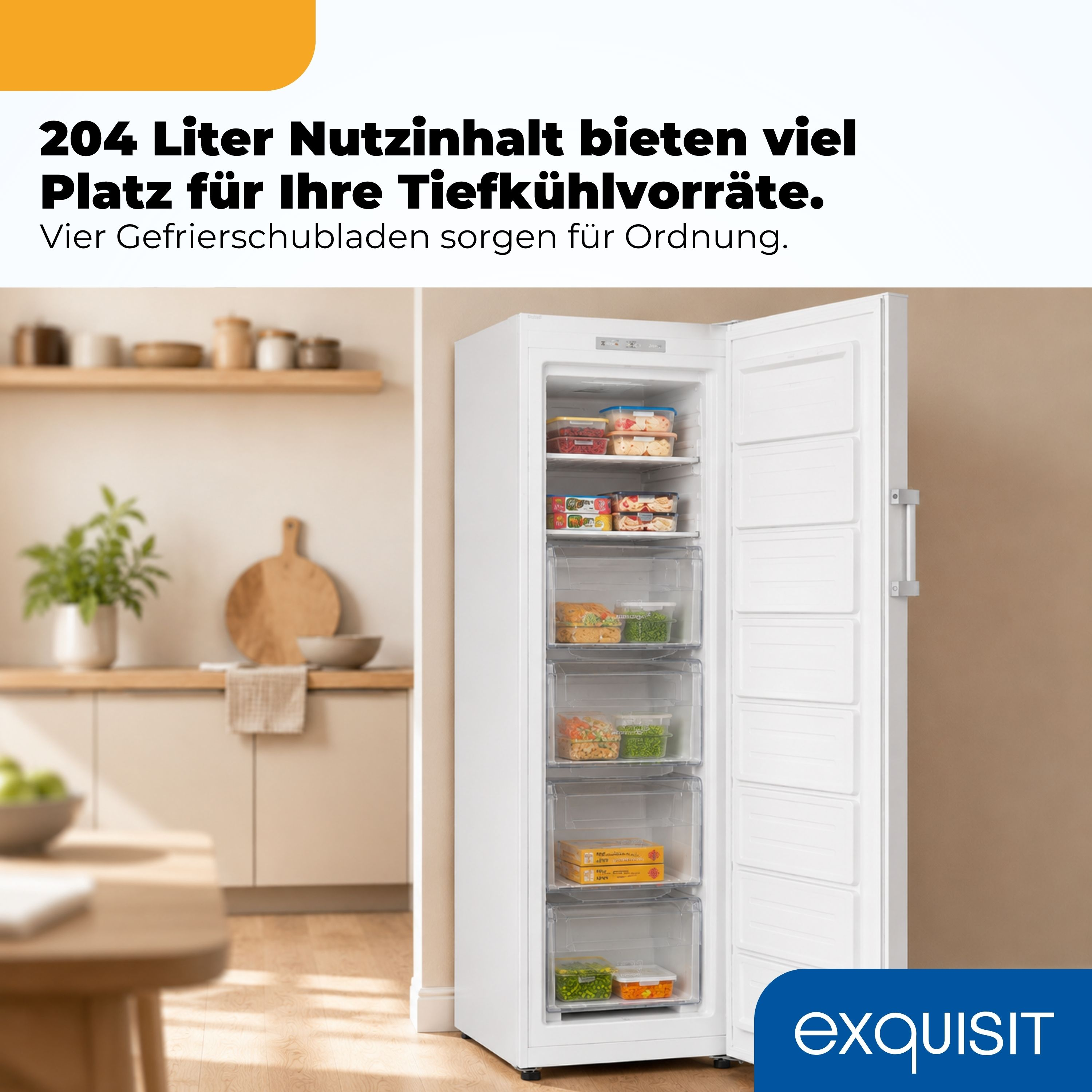 Ein weißer Gefrierschrank mit Lebensmitteln in transparenten Schubladen.