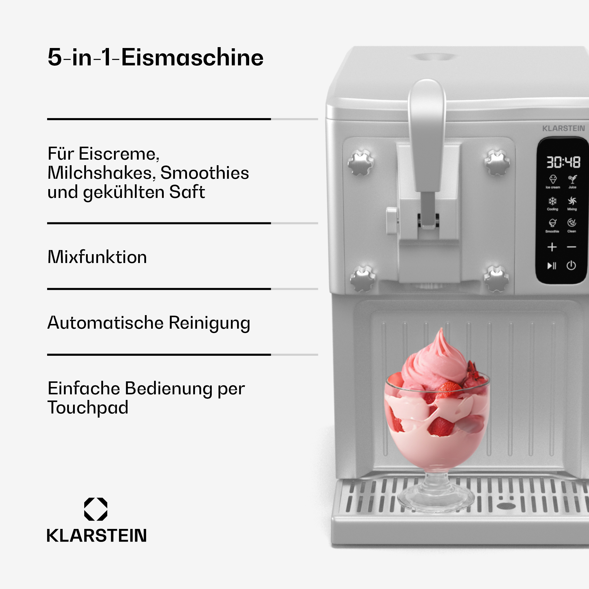 Silberne Eismaschine mit Eiscreme im Glas, Touchscreen und Klarstein-Logo.