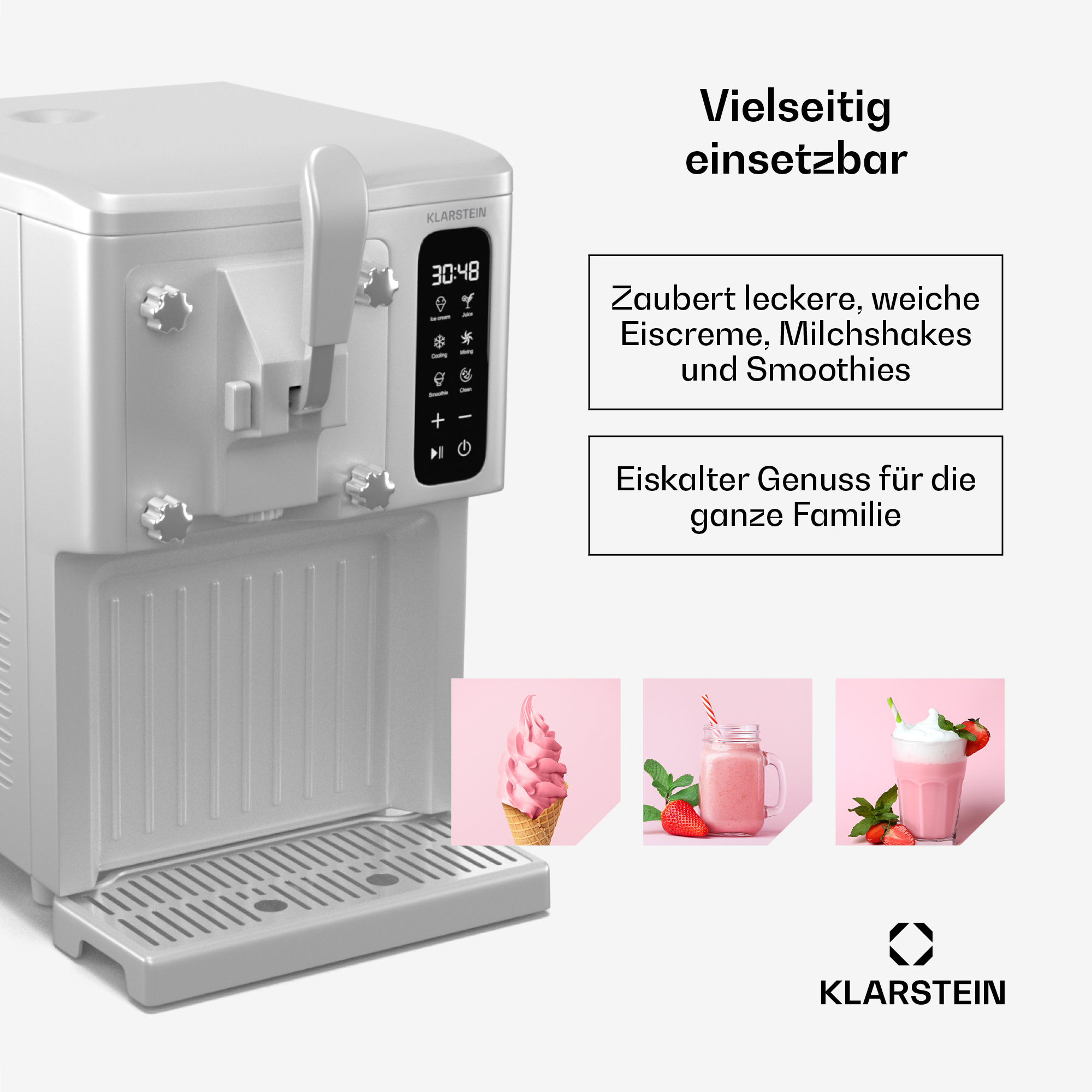 Ein weißer Klarstein Eismaschine mit Eis und Milchshakes-Bildern.