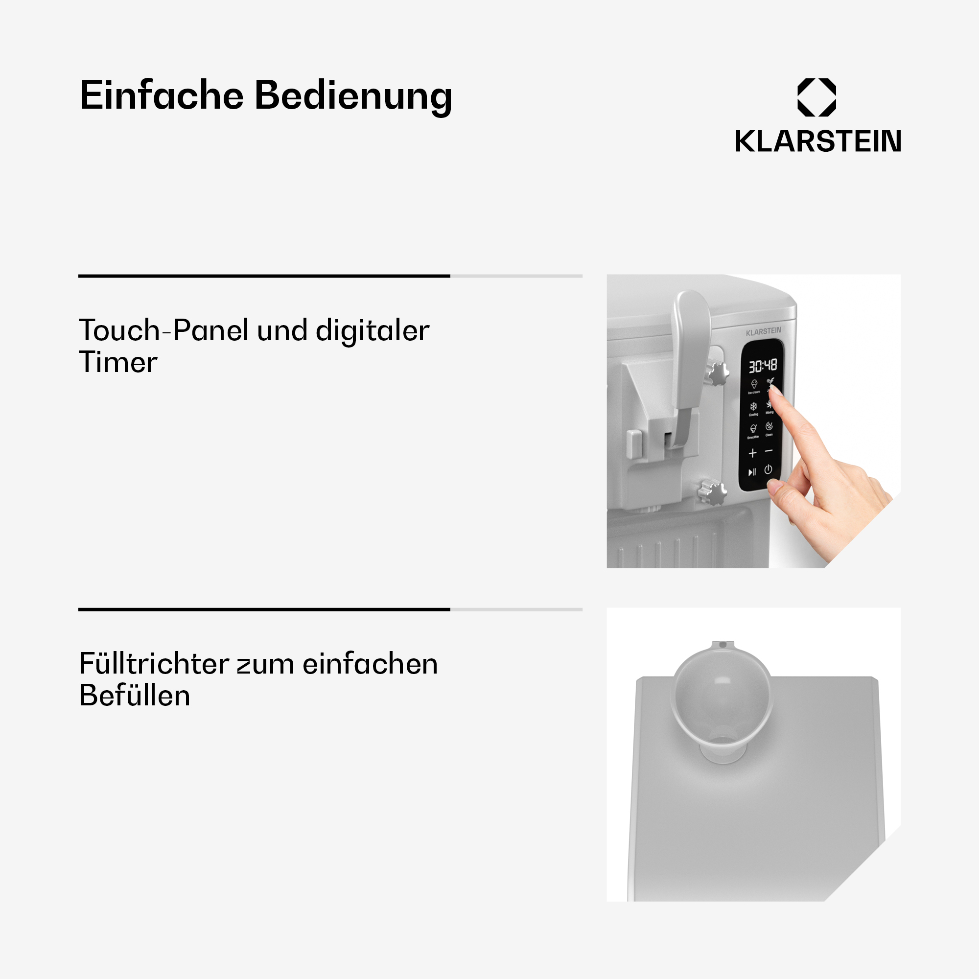Eine Hand bedient ein weißes Gerät mit Touchscreen und Timer. Unten ein Trichter.