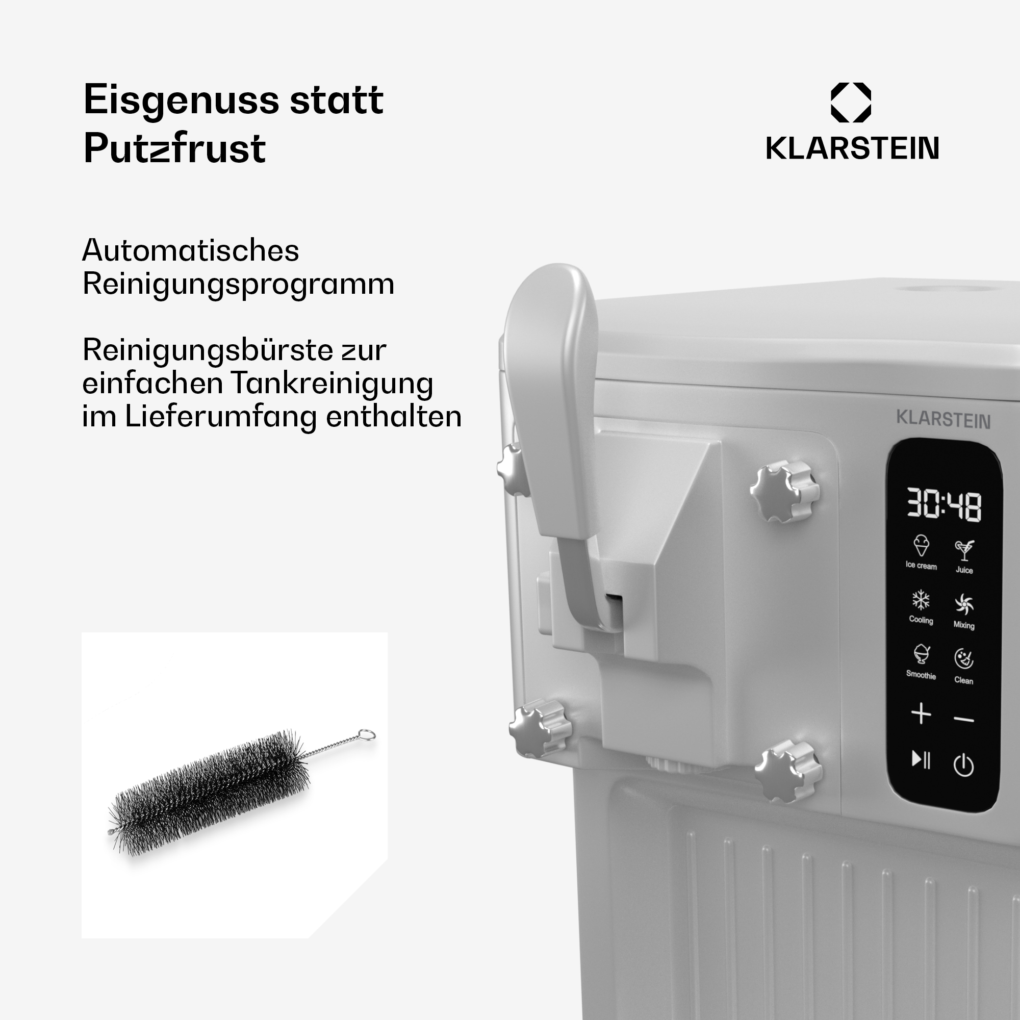 Klarstein Eismaschine mit Reinigungsbürste und digitalem Display.