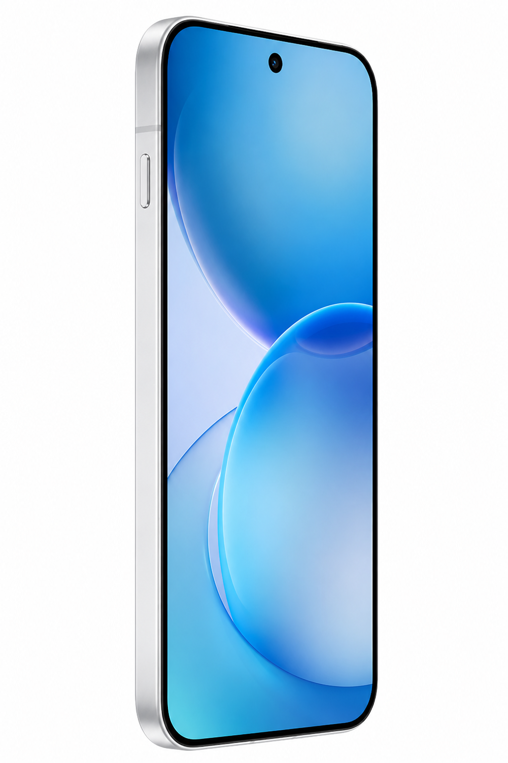 Ein silbernes Smartphone mit einem blauen, abstrakten Hintergrund auf dem Bildschirm.