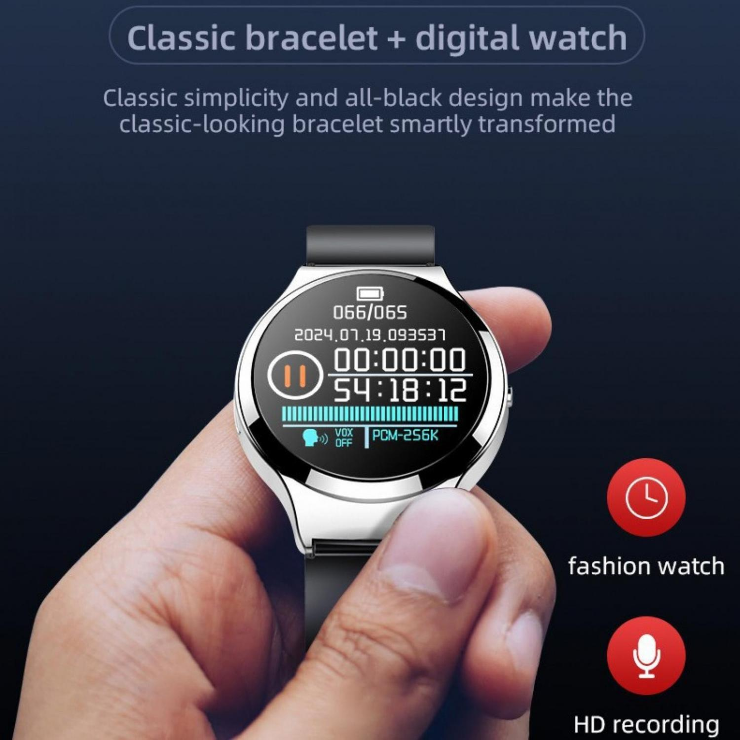 Eine Hand hält eine digitale Uhr mit einem klassischen Armband. Das Zifferblatt zeigt Datum und Uhrzeit.