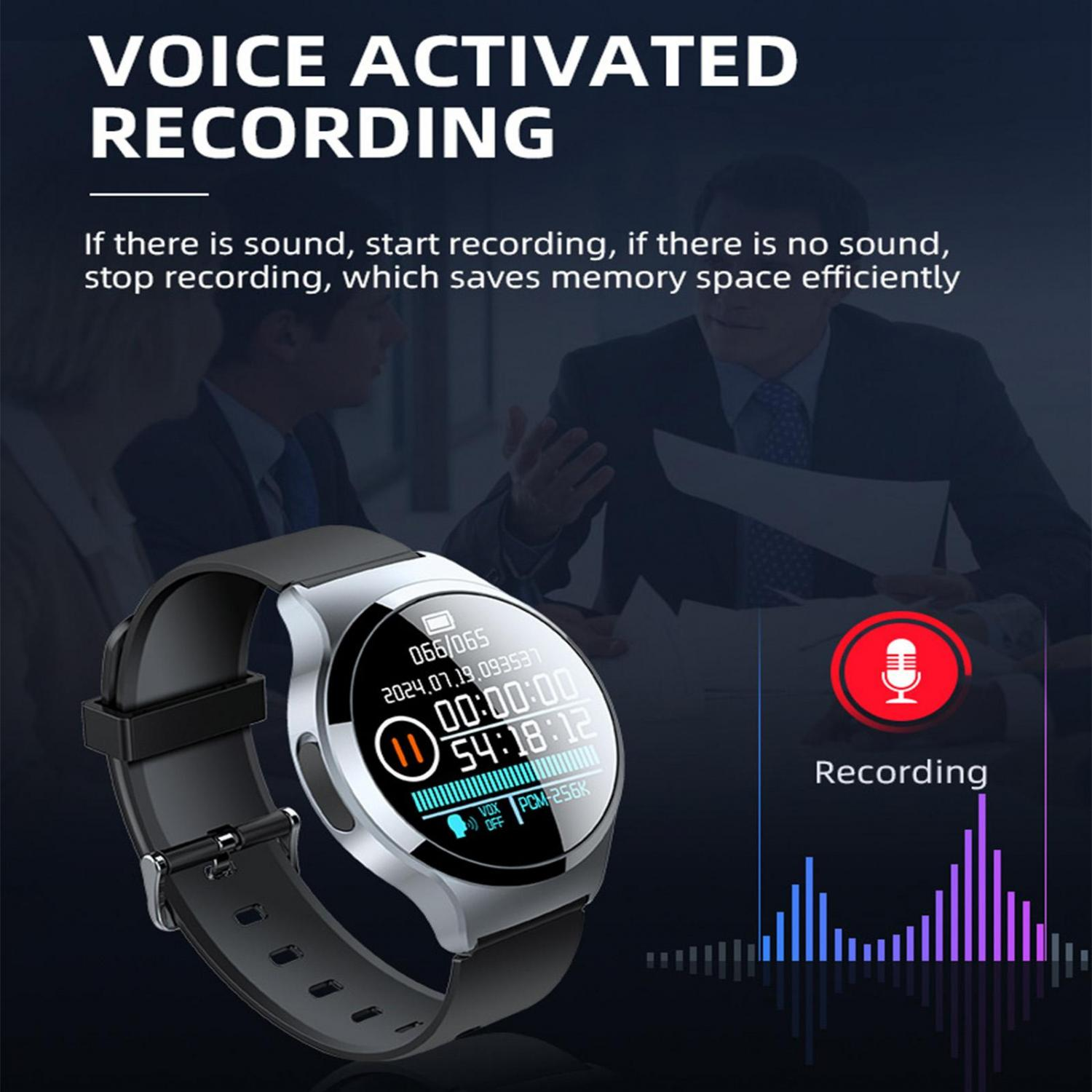 Smartwatch mit Sprachaktivierung, die Aufnahme zeigt, mit Zeit- und Datumsinformationen.