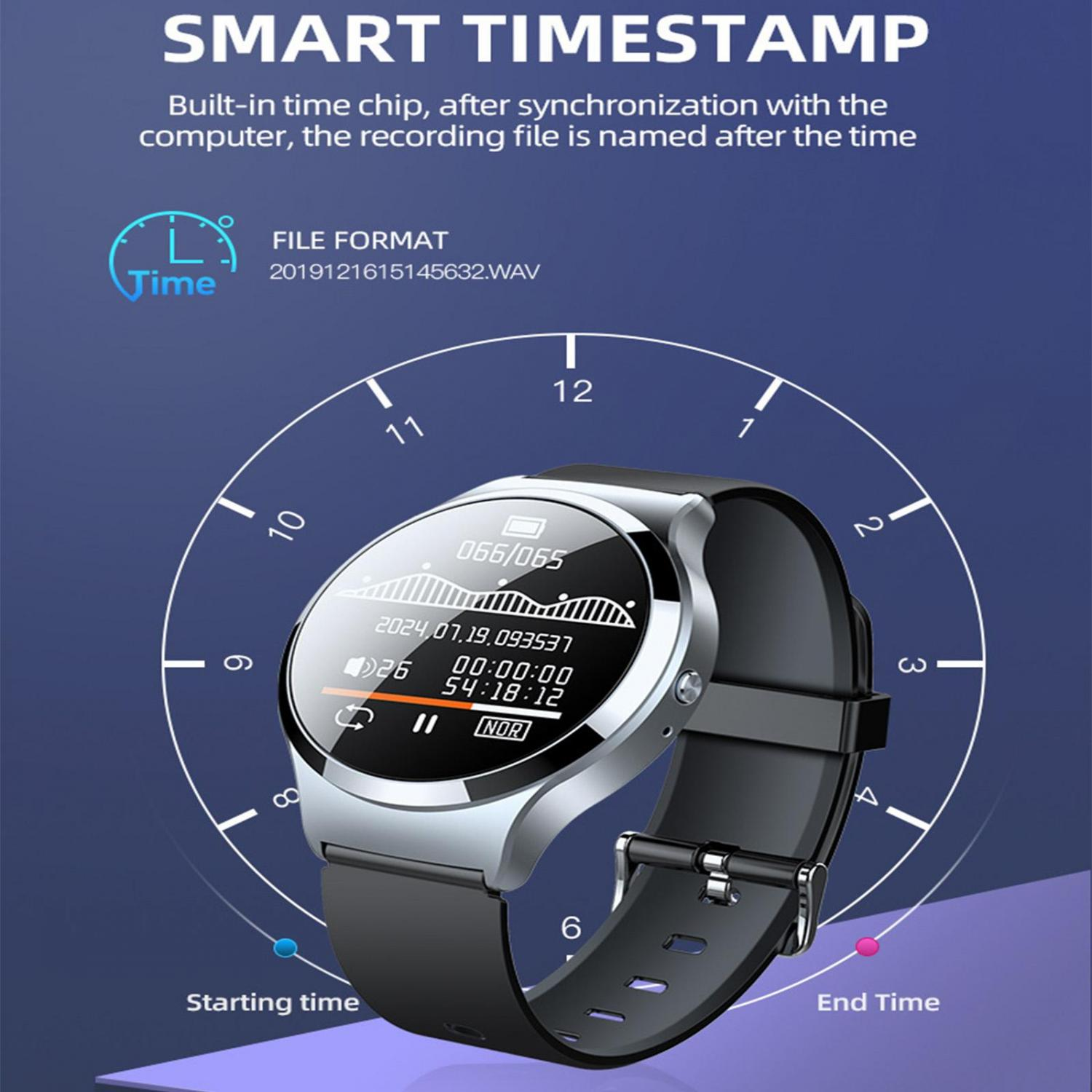Smartwatch mit Digitalanzeige, die Datum, Uhrzeit und Aufnahmestatus anzeigt.