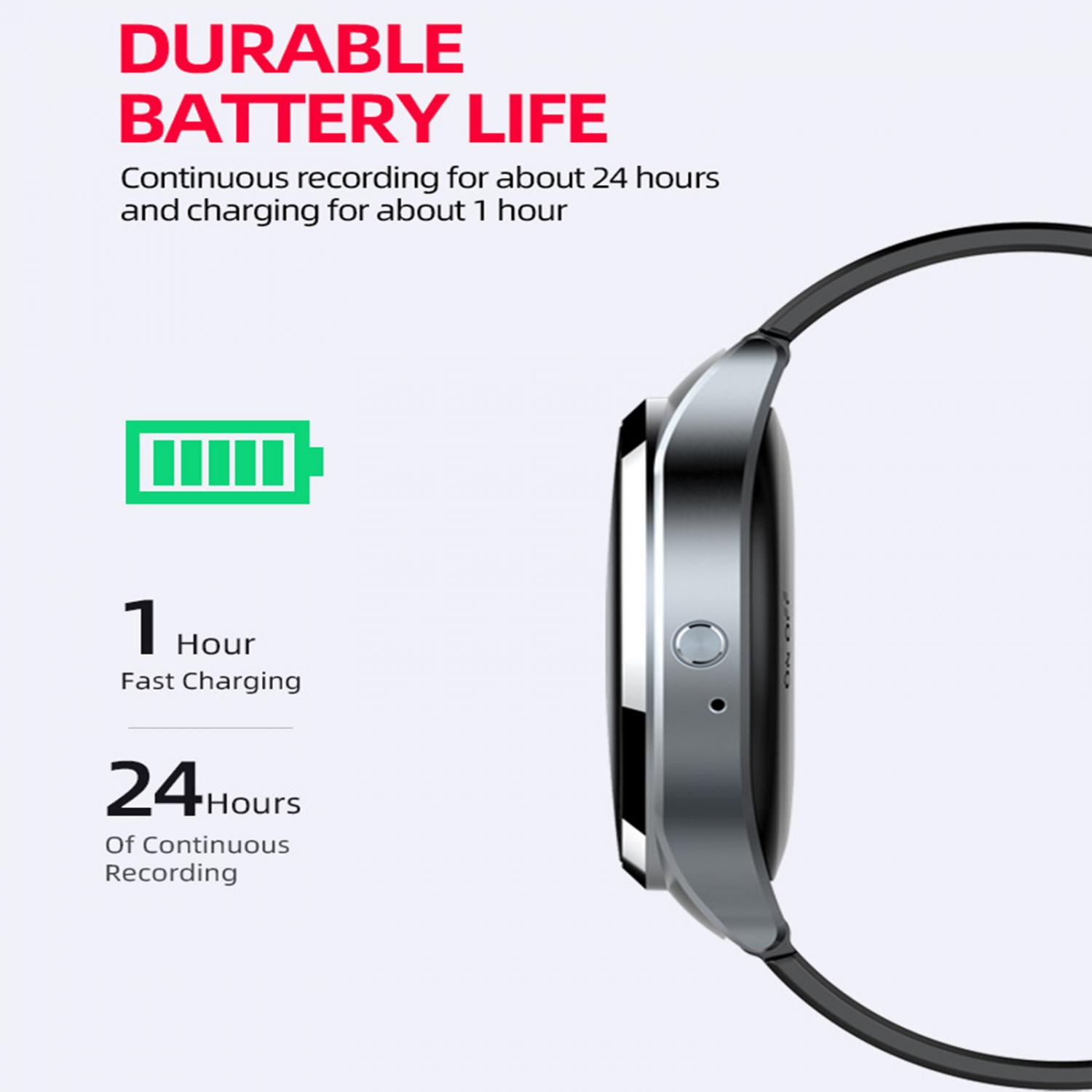 Smartwatch mit 1 Stunde Ladezeit und 24 Stunden Aufnahmezeit.