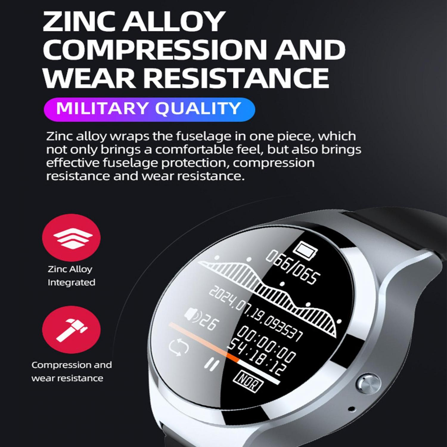 Smartwatch mit Zinklegierungsgehäuse, Militärqualität, zeigt Zeit, Datum und Akku.
