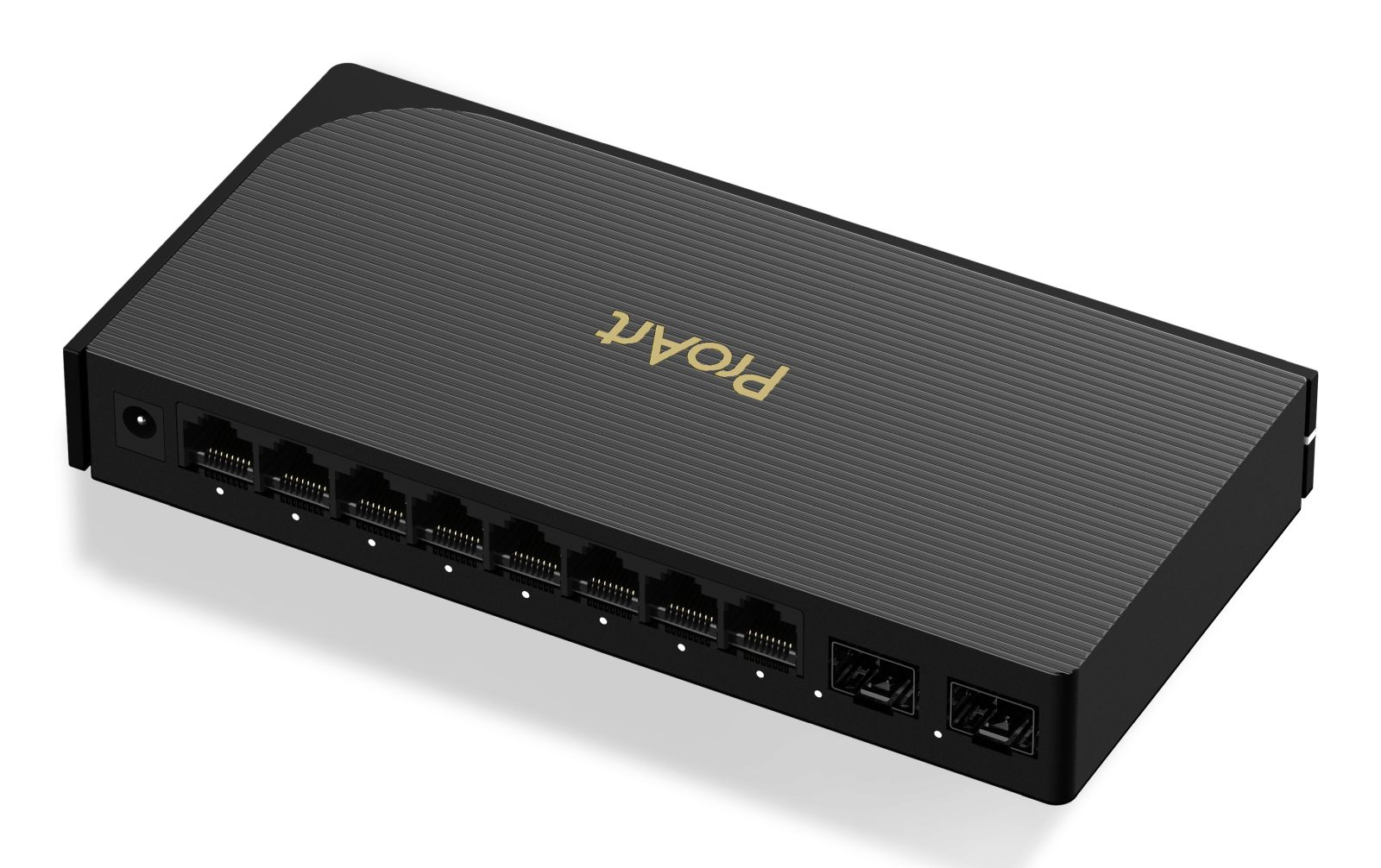 Schwarzer Netzwerk-Switch mit acht Ethernet-Ports und zwei USB-C-Anschlüssen.