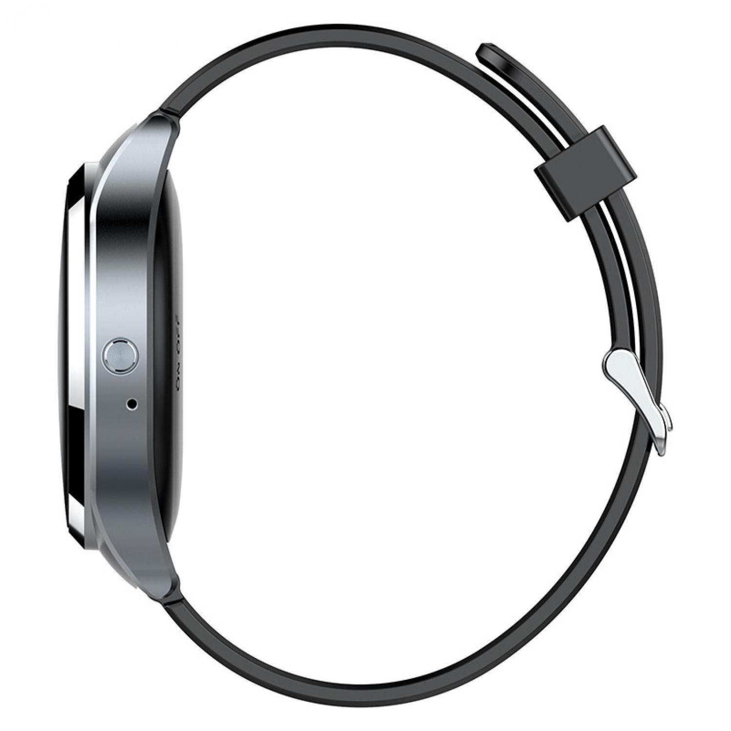 Graue Smartwatch mit schwarzem Armband und silberner Schnalle auf weißem Hintergrund.